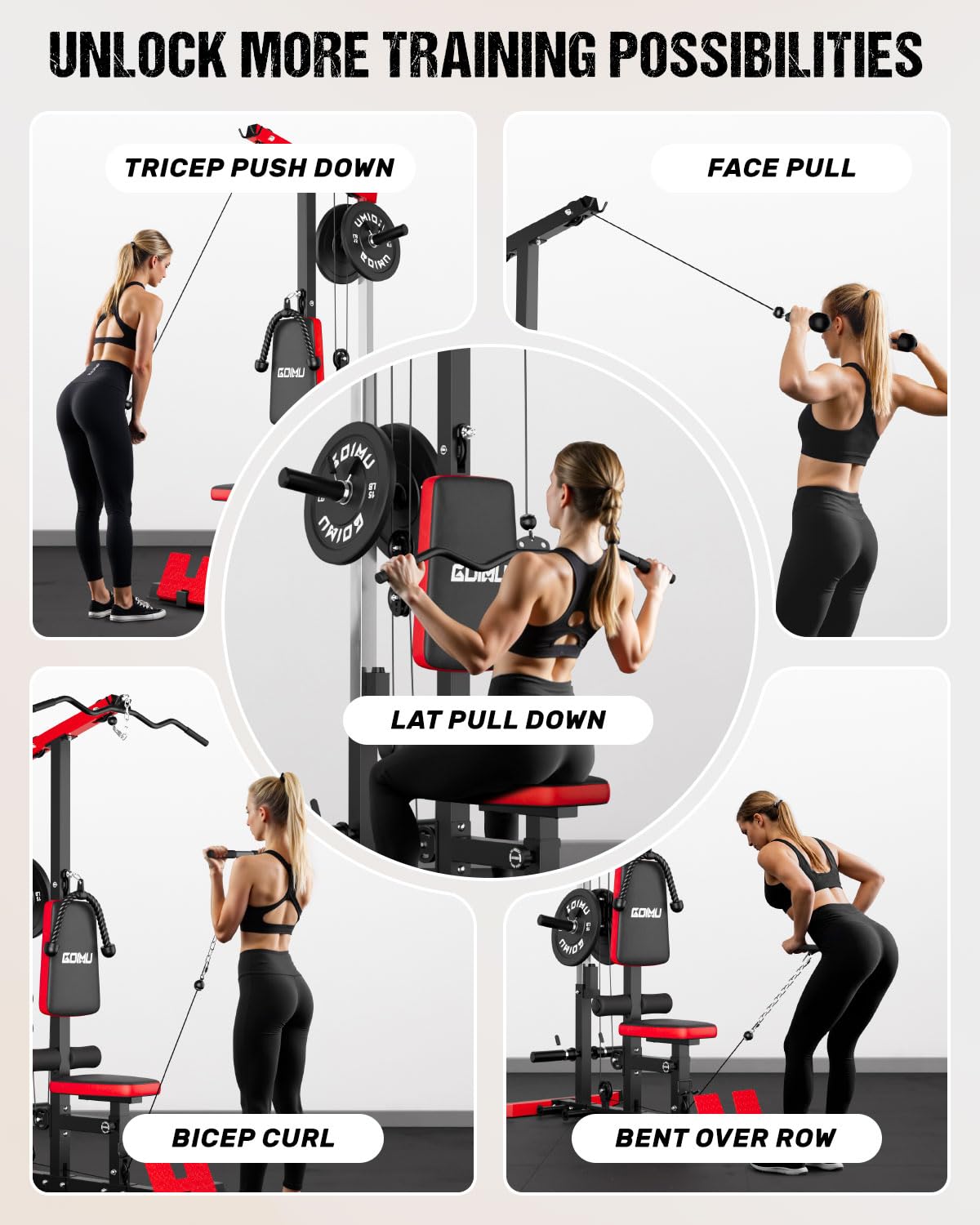 GOIMU LAT Pulldown Machines, LAT Row Cable Machine, LAT Tower with Additional Pulley Cable, High & Low Pulley Stations(Red)
