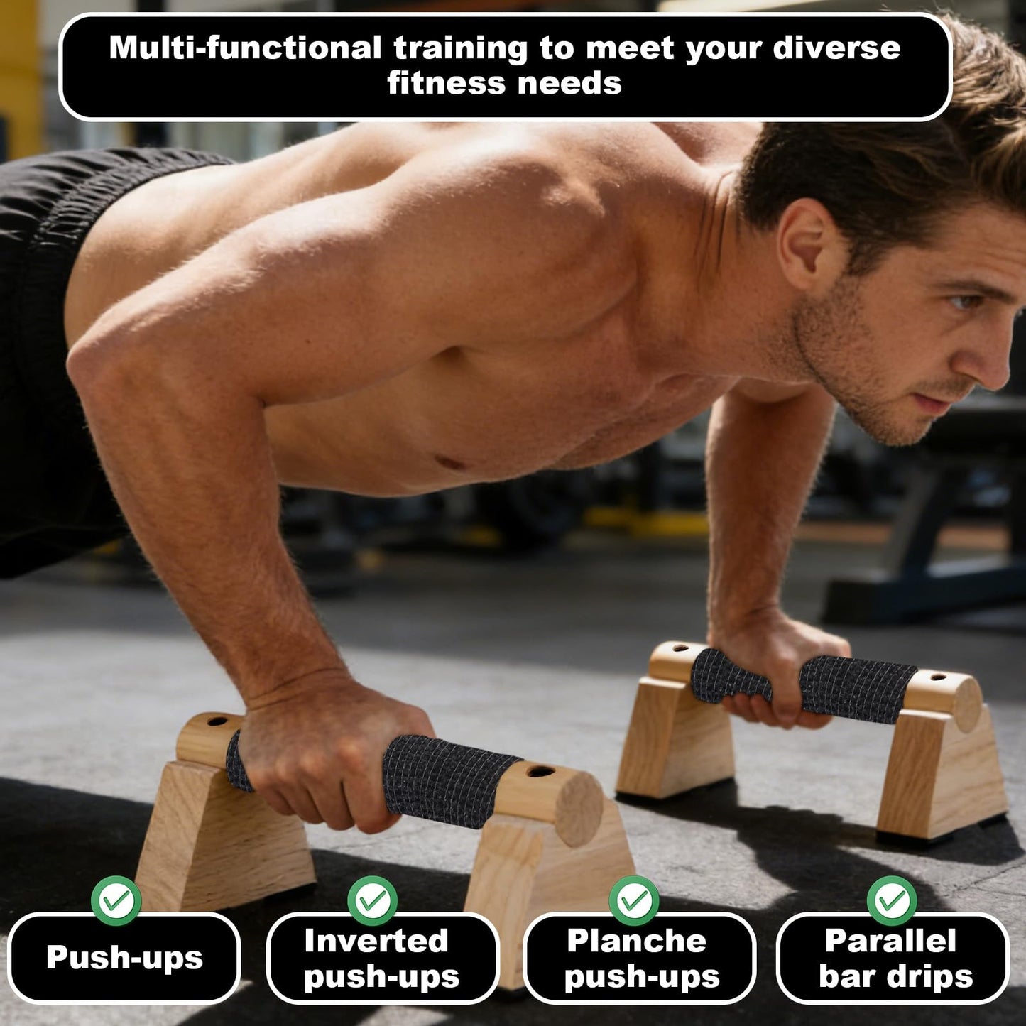 Parallettes Bars Set, 2pcs Wooden Push Up Handles Bars for Floor with Anti-Slip Base 1 Spacer & 1 Grip Tape Wood Home Gym Equipment for Handstand Training Calisthenics & Pushup Strength Workout