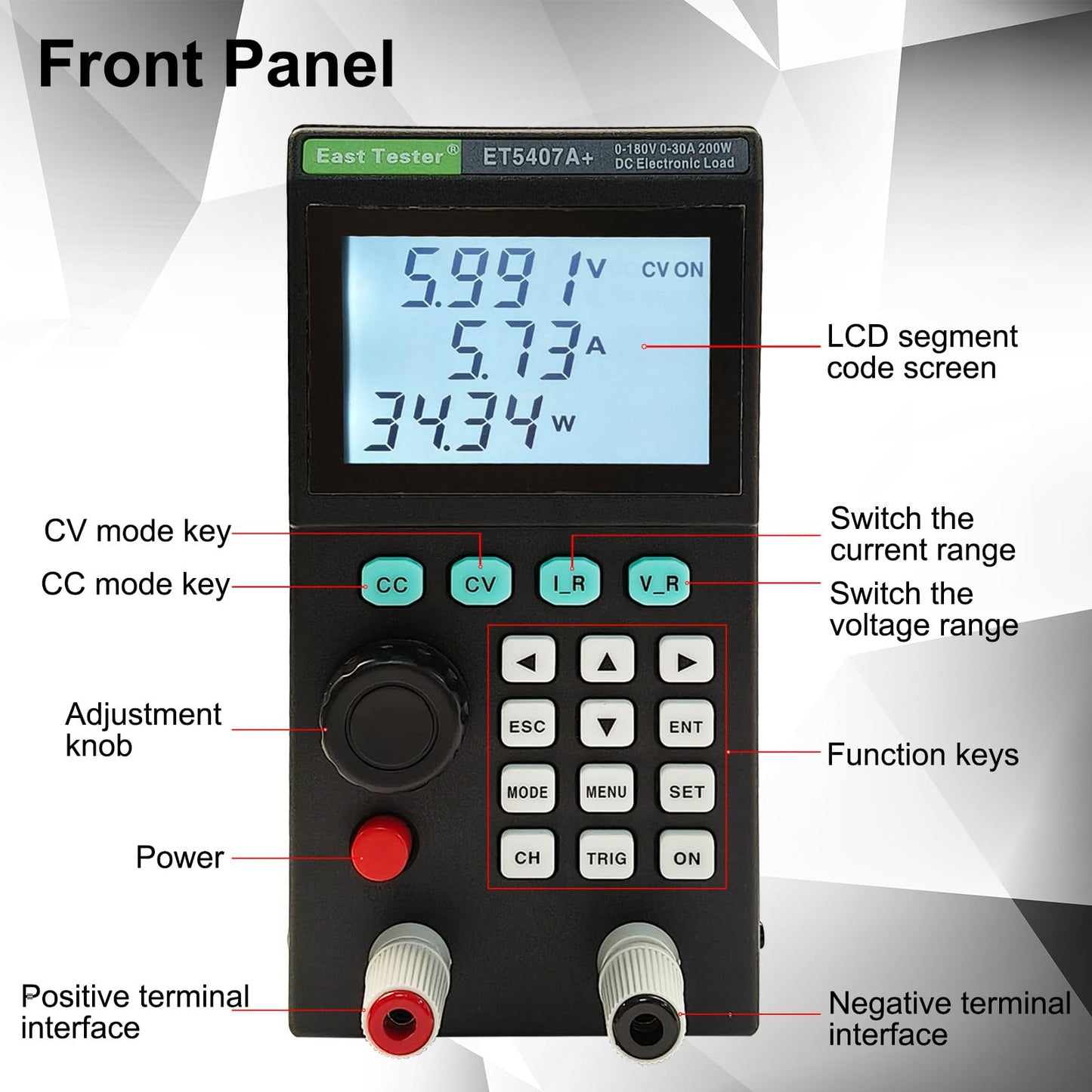 ET5407A+ Programmable DC Electronic Load 200W 0–180V 0–30A 1mV/1mA High-Resolution Battery Power Supply Tester with CC/CV/CR/CP Modes USB Control LCD Display for Lab R&D