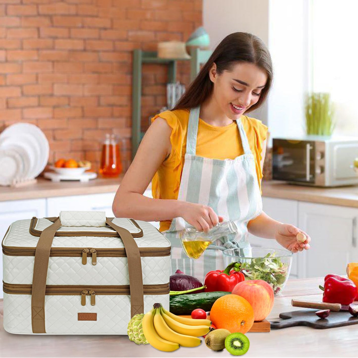 Vuudh Quilted Insulated Double Casserole Carrier - Thermal Lunch Tote for Potluck Parties, Picnic, Beach, Fits 9 x 18 Inches Baking Dish, Casserole Dish, Expandable (Beige)