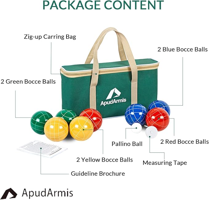 ApudArmis Bocce Balls Set, Outdoor Family Bocce Game for Backyard/Lawn/Beach - Set of 8 Poly-Resin Balls & 1 Pallino & Nylon Carrying Case & Measuring Rope (90mm)