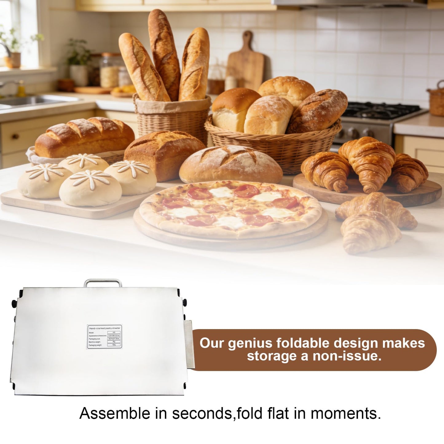 Meiclics 40.9''x15.5" Folding Dough Sheeter with Sheeter Board 0–25 mm Portable Manual Dough Roller Machine Stainless Steel Sheeter Thickness Adjustable for Pizza Dough, Puff Pastry Dough