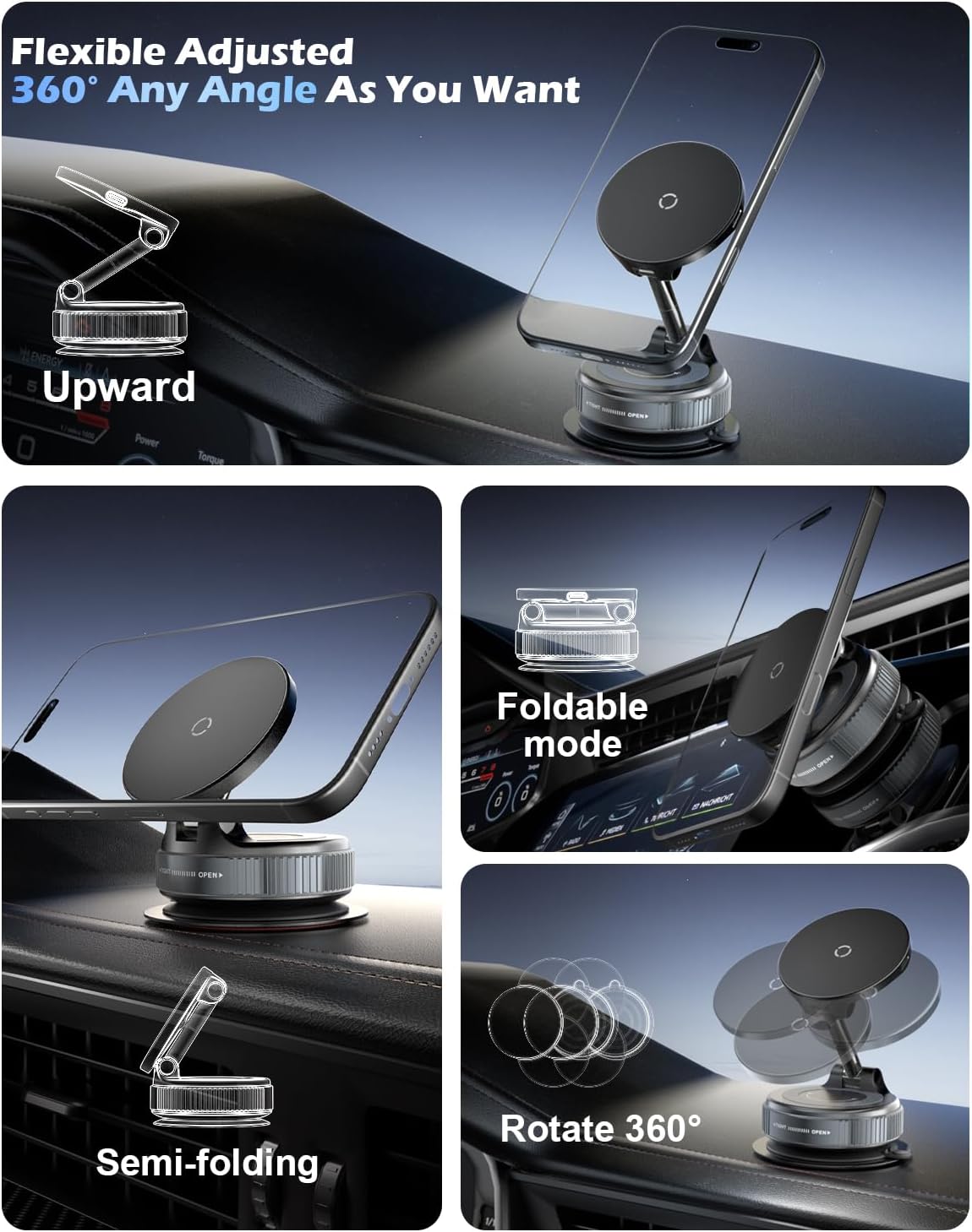 CloudValley 15W 17/16/15/14/13/12, 360 Fast Wireless Charger Car Phone Mount, Vacuum Suction Cup Magnetic Phone Holder
