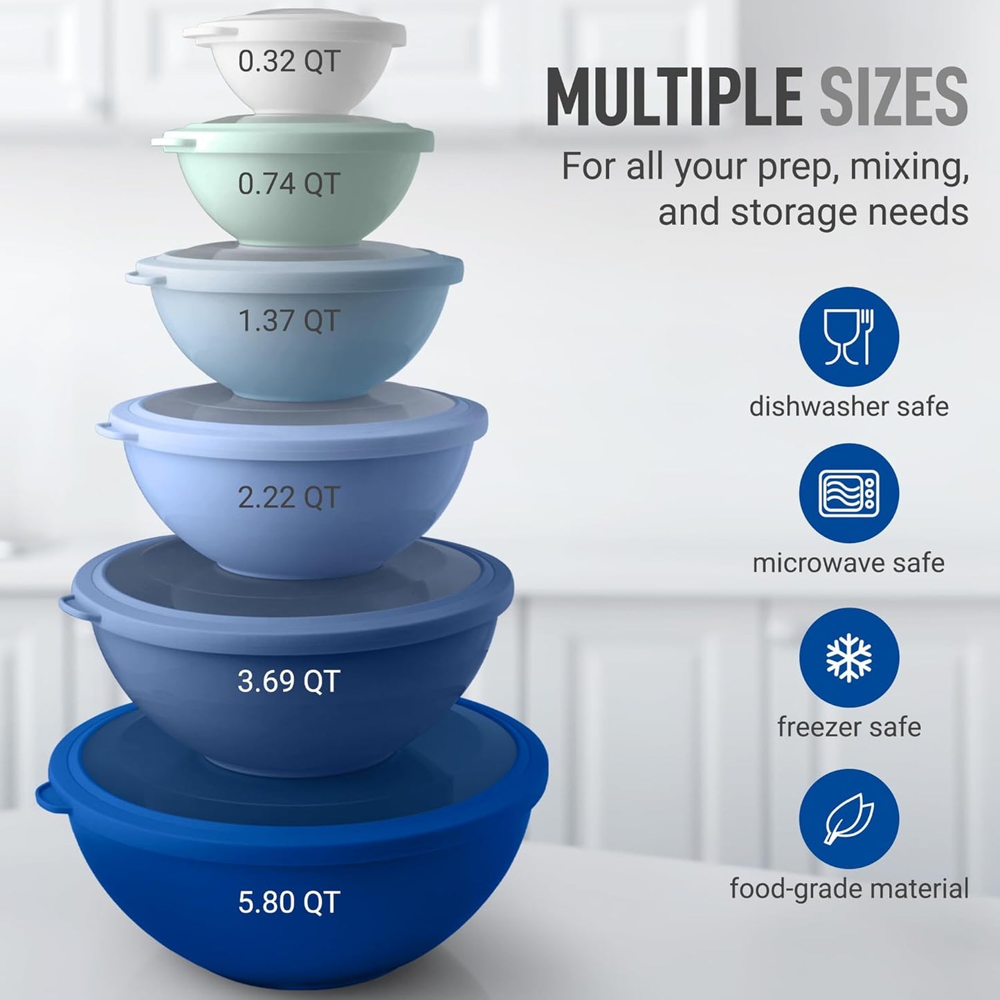 Zulay Kitchen 12-Piece Mixing Bowls Set - Leak-Proof, Microwave & Freezer Safe, Non-Slip Design | Blue Ombre