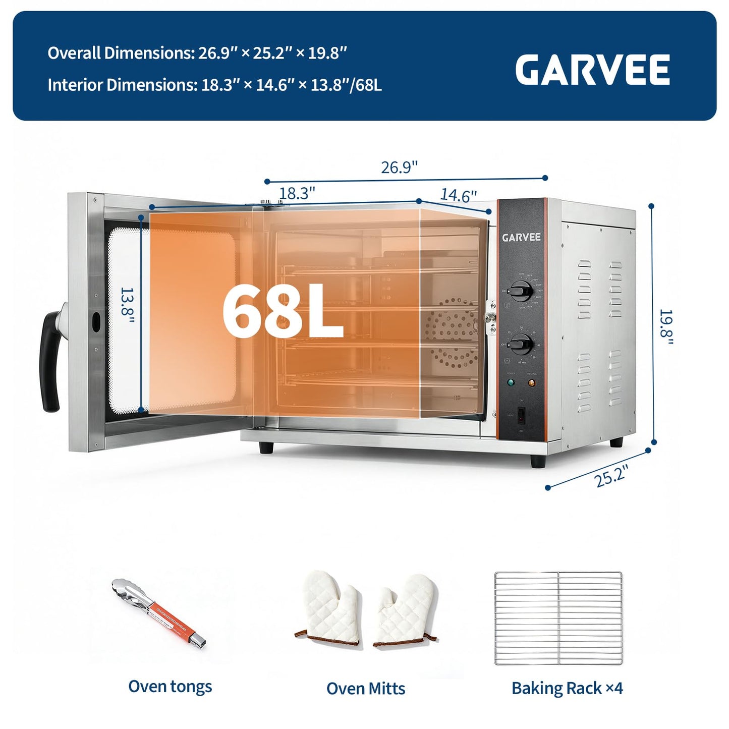 Commercial Convection Oven, 68L/60Qt Stainless Steel Air Fryer Toaster Oven Combo, 4-Tier Countertop Rotisserie Oven with Glass Door, 1750W Baking Roaster, 30-300°c, Trays & Racks, US Plug