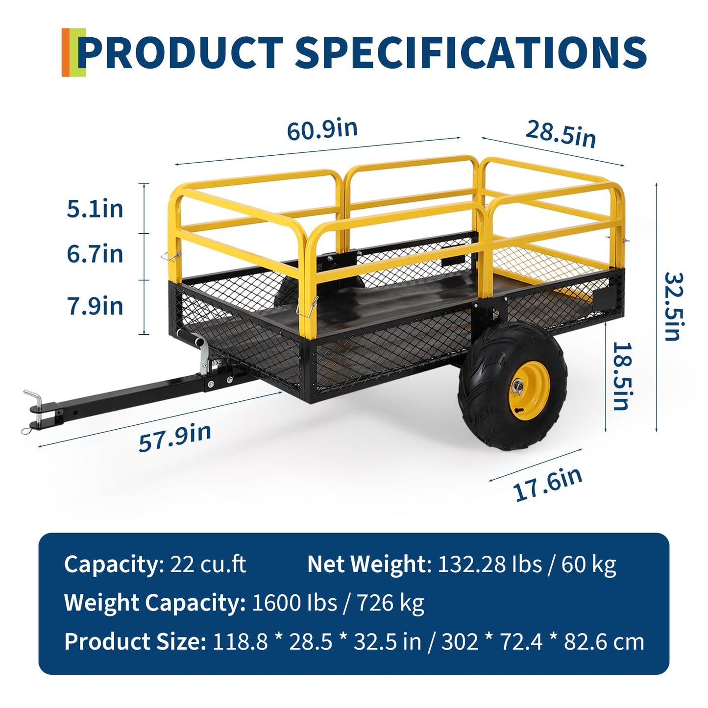 Garvee ATV UTV Trailer Tow Behind Dump Cart, 1600Lbs 22 Cubic Feet, Heavy Duty Yard Garden Trailer Pull Behind Dump Trailer for Lawn Mower Tractor