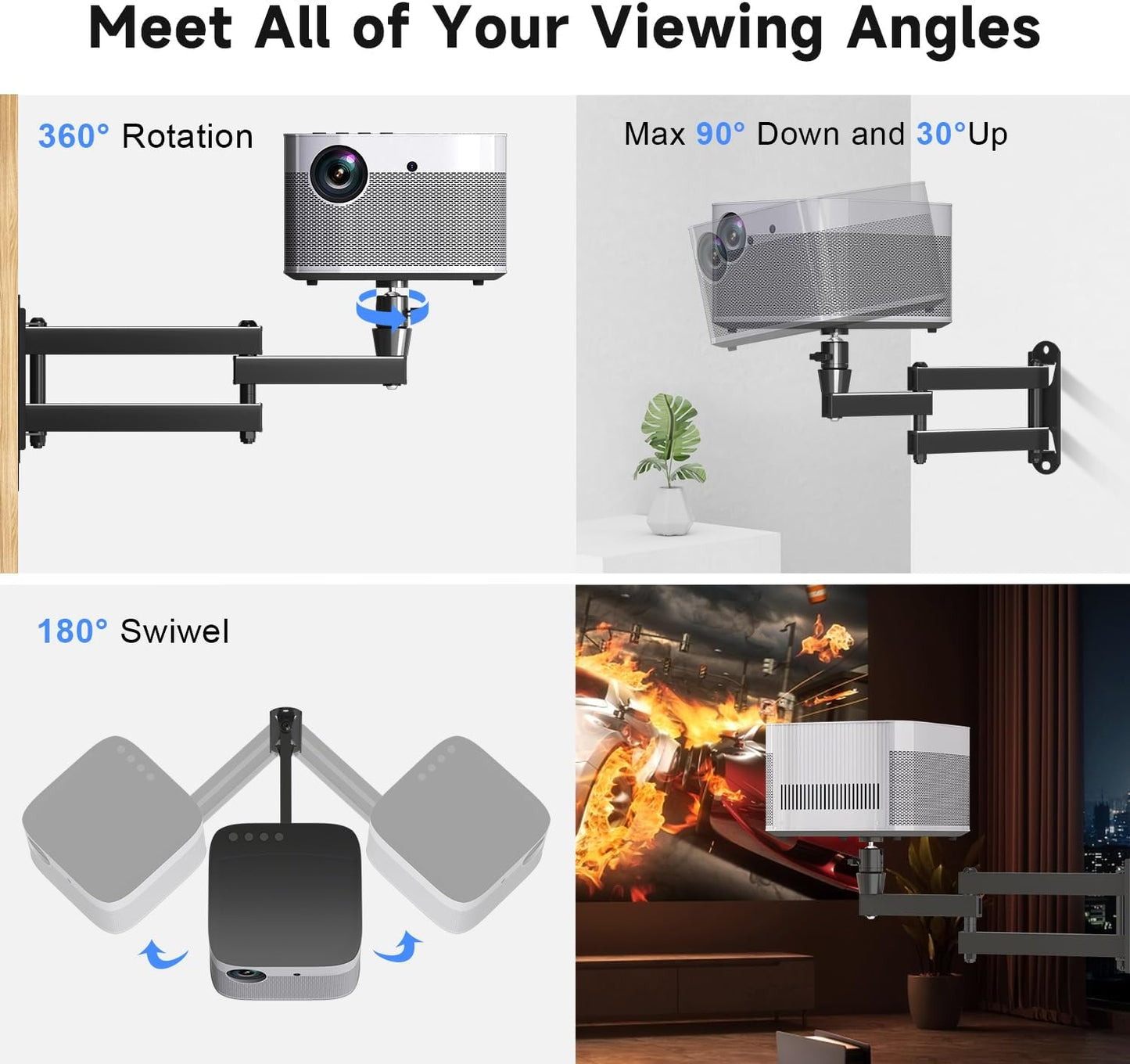 suptek 1/4", M4 M6 MA1330YT Universal Foldable Projector Wall Mount - Adjustable Bracket for Projectors, Compatible
