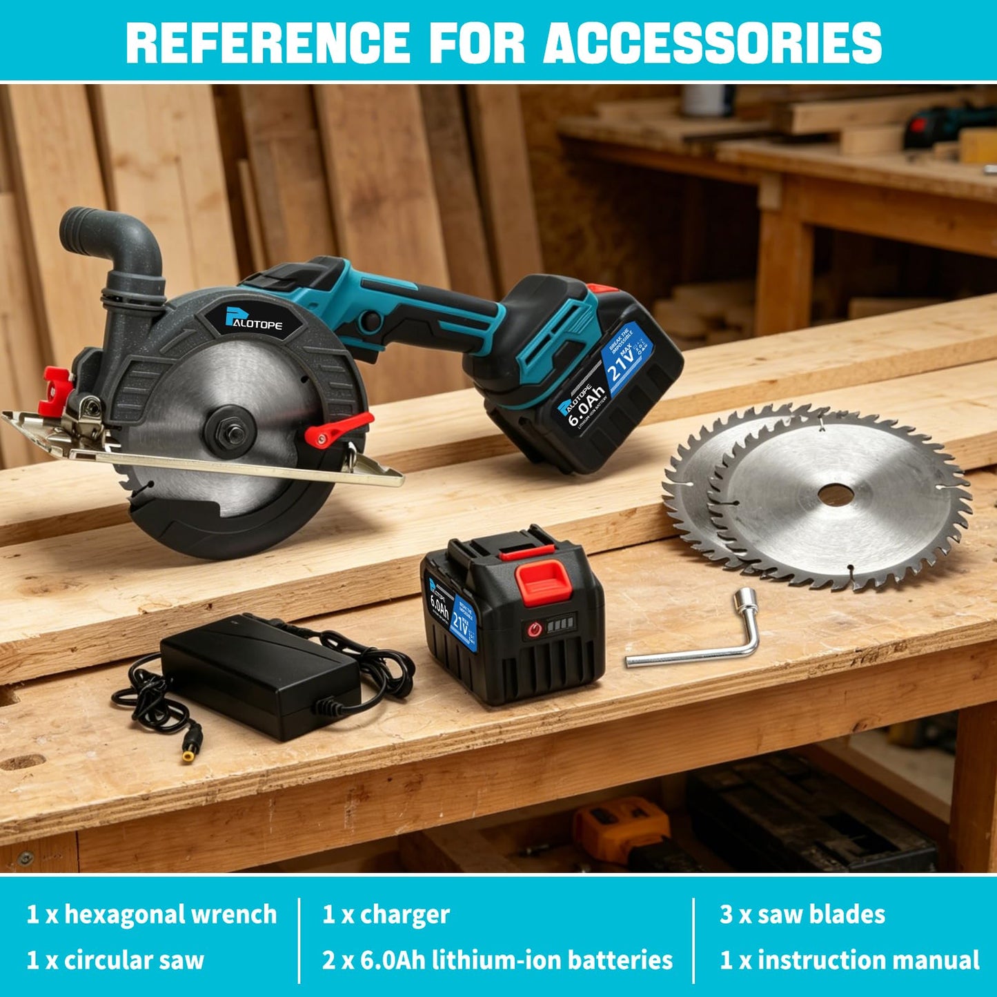Palotope 6" Cordless Circular Saw,6900 RPM Power Wood Saw with 2 X 6.0Ah Batteries, 6" Alloy Blade, 2.2"(90°)1.5"(45°) Max Cutting Depth,Portable Table Saw for Wood,Home Renovation