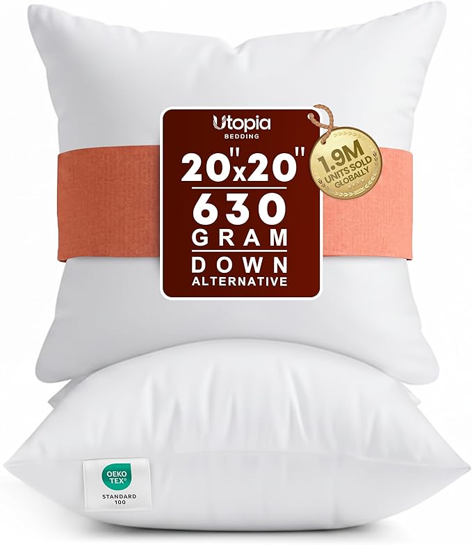 Utopia Bedding 20x20 Pillow Inserts, Set of 2, White – Indoor Decorative Throw Pillows for Bed, Sofa & Couch – Soft, Supportive & Fluffy Cushion Inserts