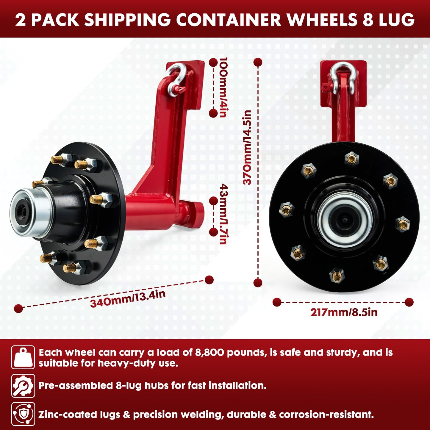 2 Pack Shipping Container Wheels Kit- 8 Lug Wheels, Heavy Duty Shipping Container Accessories, Shipping Container Axles with 2 Ratchet Tie Downs for Moving 20-40ft Shipping Container,8800 Lbs Capacity