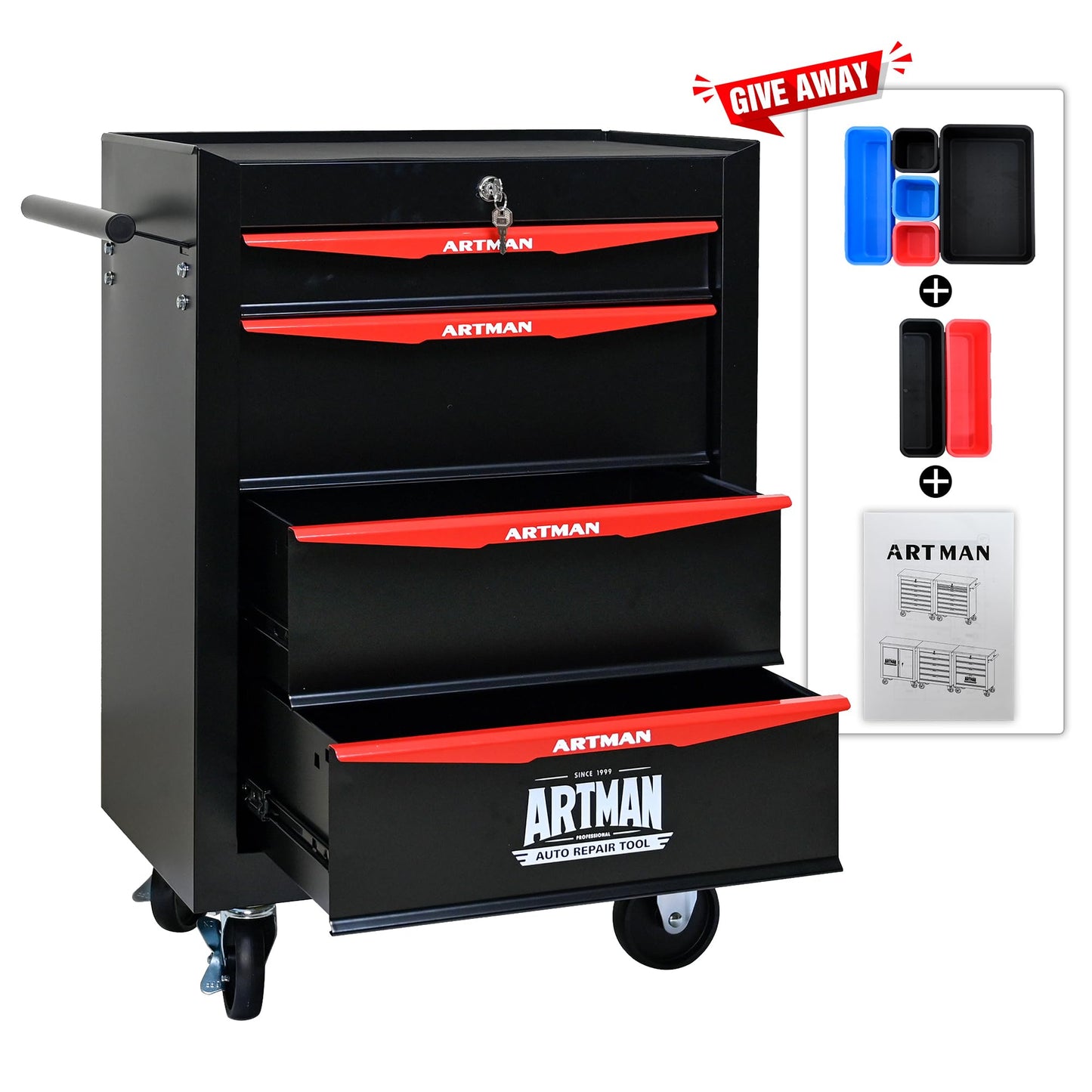 RYH 4/5/6/7 Drawers Rolling Tool Chest - Heavy Duty Mobile Tool Cart with Locking Wheels & Ball Bearing Drawers, 30.5" H x 20.9" W x13 D Garage Tool Storage Cabinet，Metal Tool Box (Black, 4 Drawers)