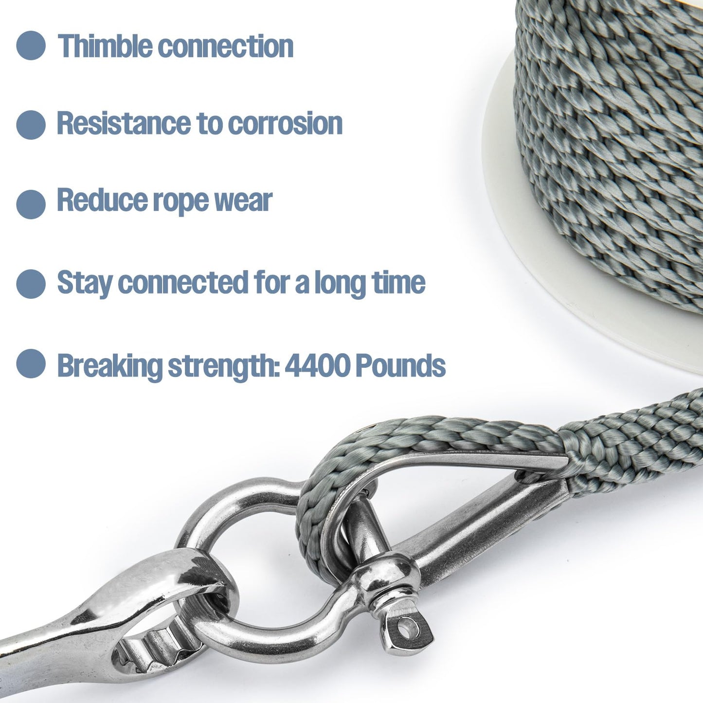 Boat Anchor Rope 3/8 inch 50ft Premium Solid Braid Nylon MFP Boat Rope with Stainless Steel Thimble & Shackle, Quality Marine Line, Grey,Boat Accessories