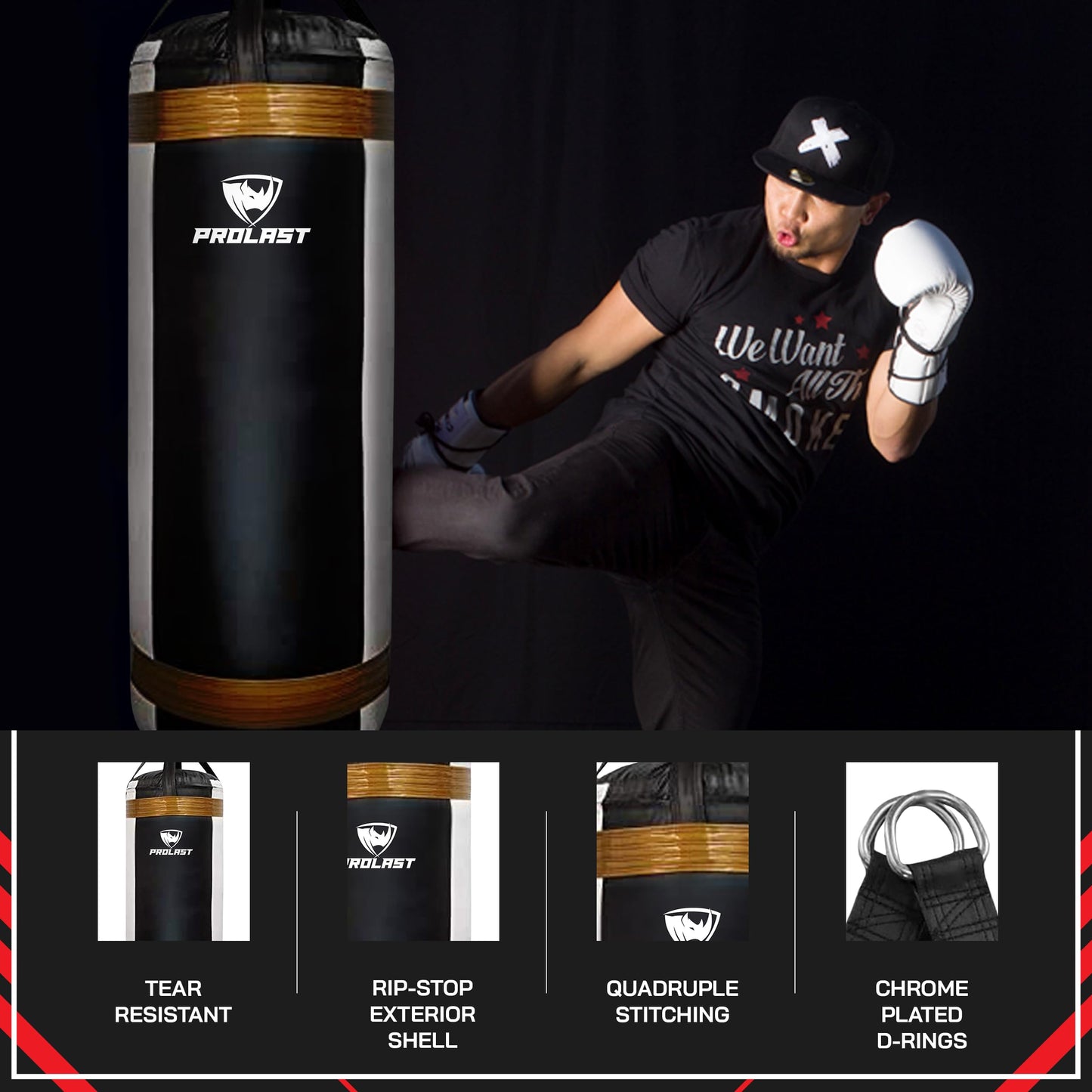 PROLAST Luxury Extra Large Heavy Punching Kicking Bag for Adults, Boxing, MMA, Martial Arts, Muay Thai, Strength Training Equipment, Filled, 4ft, 135 lbs, White and Black with Gold Trim
