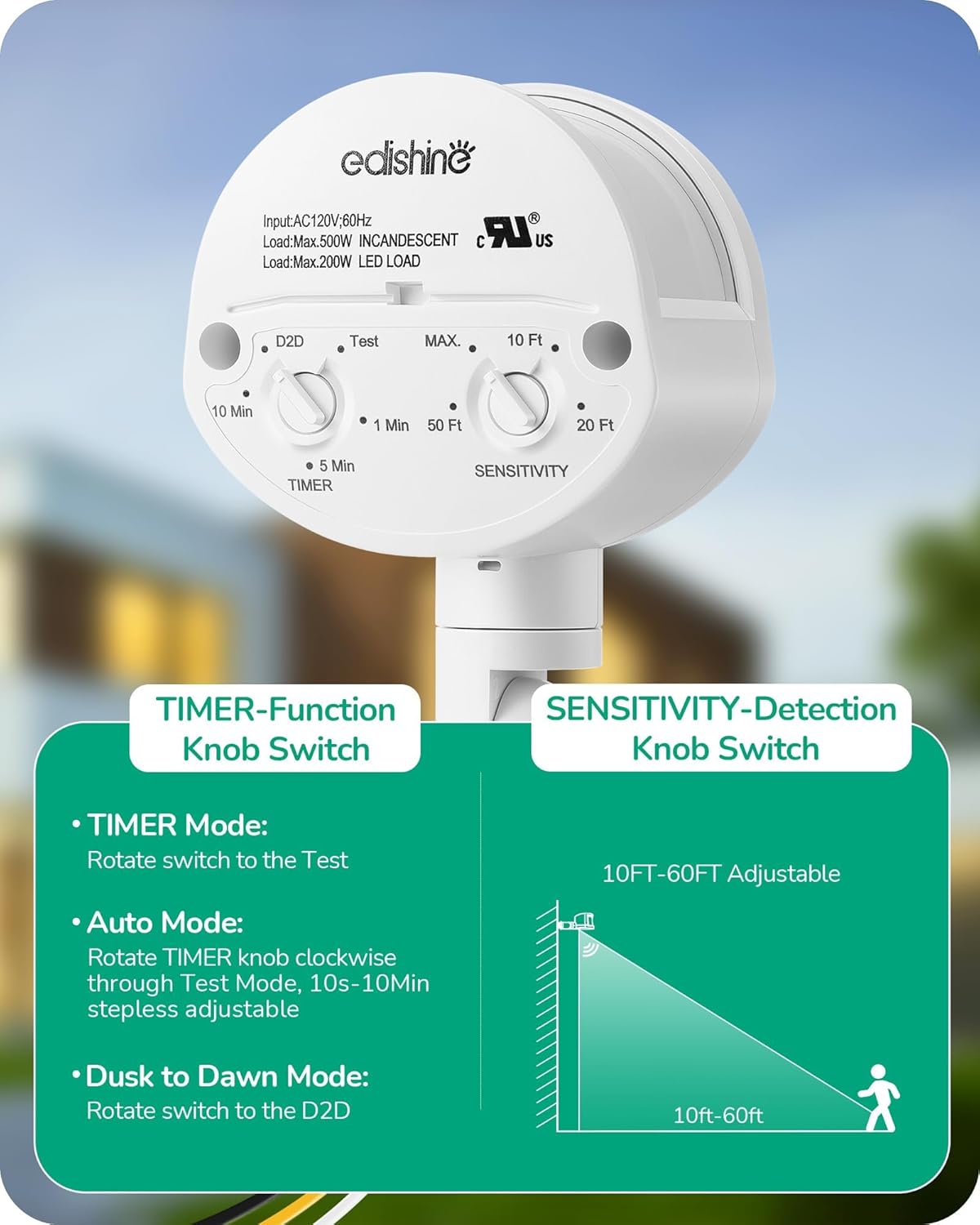 EDISHINE 180-Degree 120V 60 3 Motion Sensor, Replacement Motion Detector for Security Floodlights, Adjustable Time