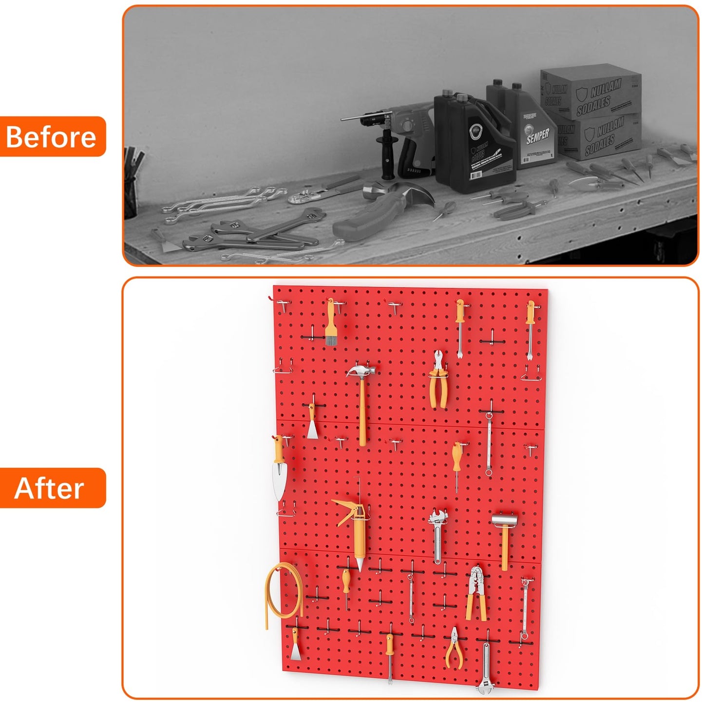 TORACK 3 PCS Metal Pegboard Panels(12x24 inch) for Wall Garage Tools Storage Pegboard System for Workbench, Modular Peg Board Tool Organizer Board Kit(Pack of 3, Red)