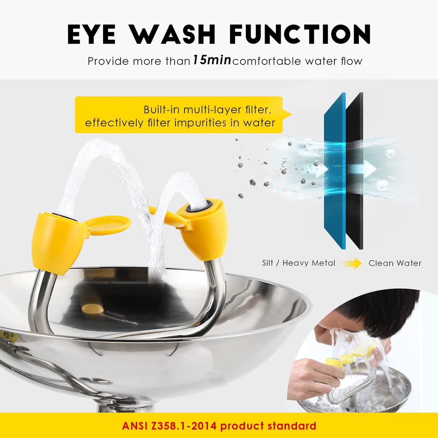 CGOLDENWALL Eye Wash Station with Foot Pedal, NPT Thread, OSHA Approved Emergency Pedestal Mounted Eyewash Station, Eye Face Washing Station, 304 Stainless Steel Bowl+Pedal