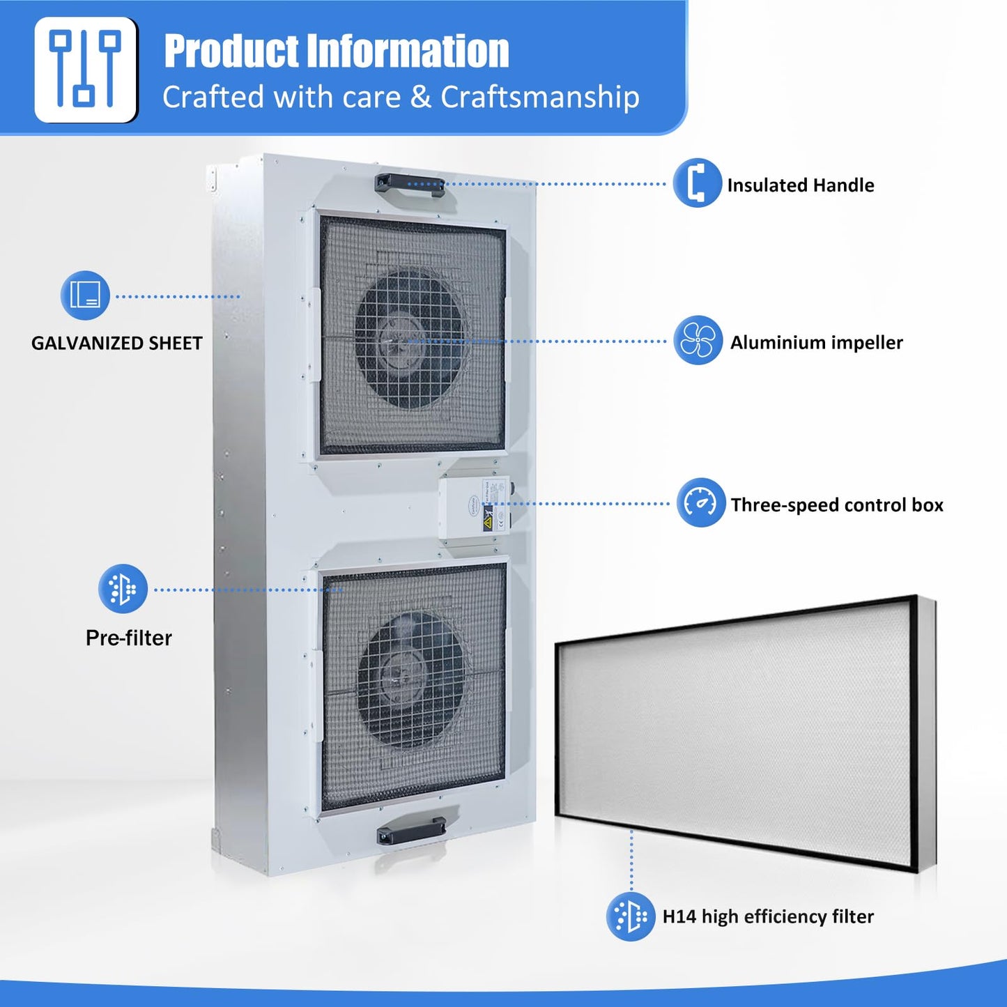 HEPA H14-Filter Laminar Flow Hood Updated FanFilter Unit（Include HEPA Filter）100/ISO Class 5 Cleanroom/Laboratory/Cleanroom/Mushroom Room, Laminar Air Flow Hood(46.2"x22.6"110V，Dual machine)