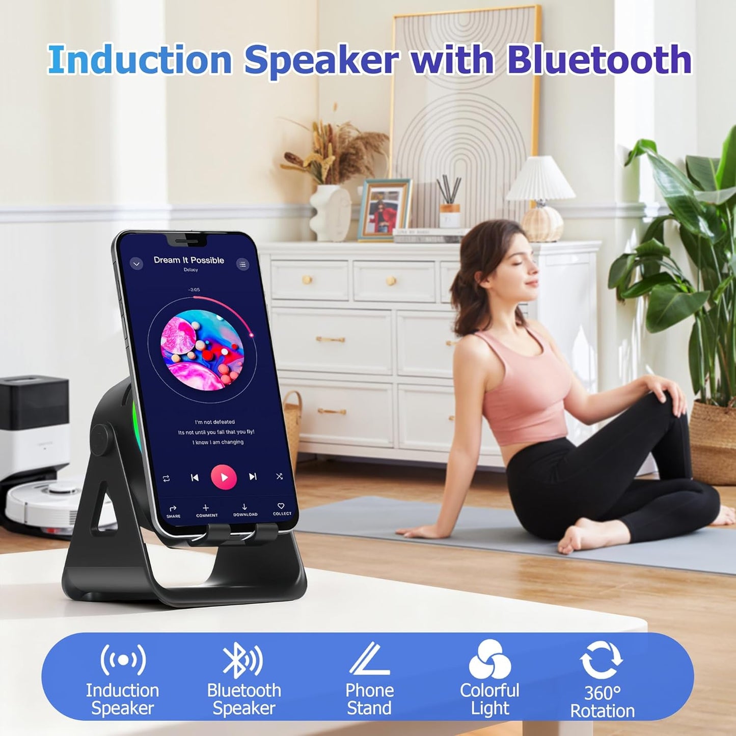 Cawinii 4-in-1 360 Wireless Induction Bluetooth Speaker, with Rotating Phone Holder and RGB Ambient Light