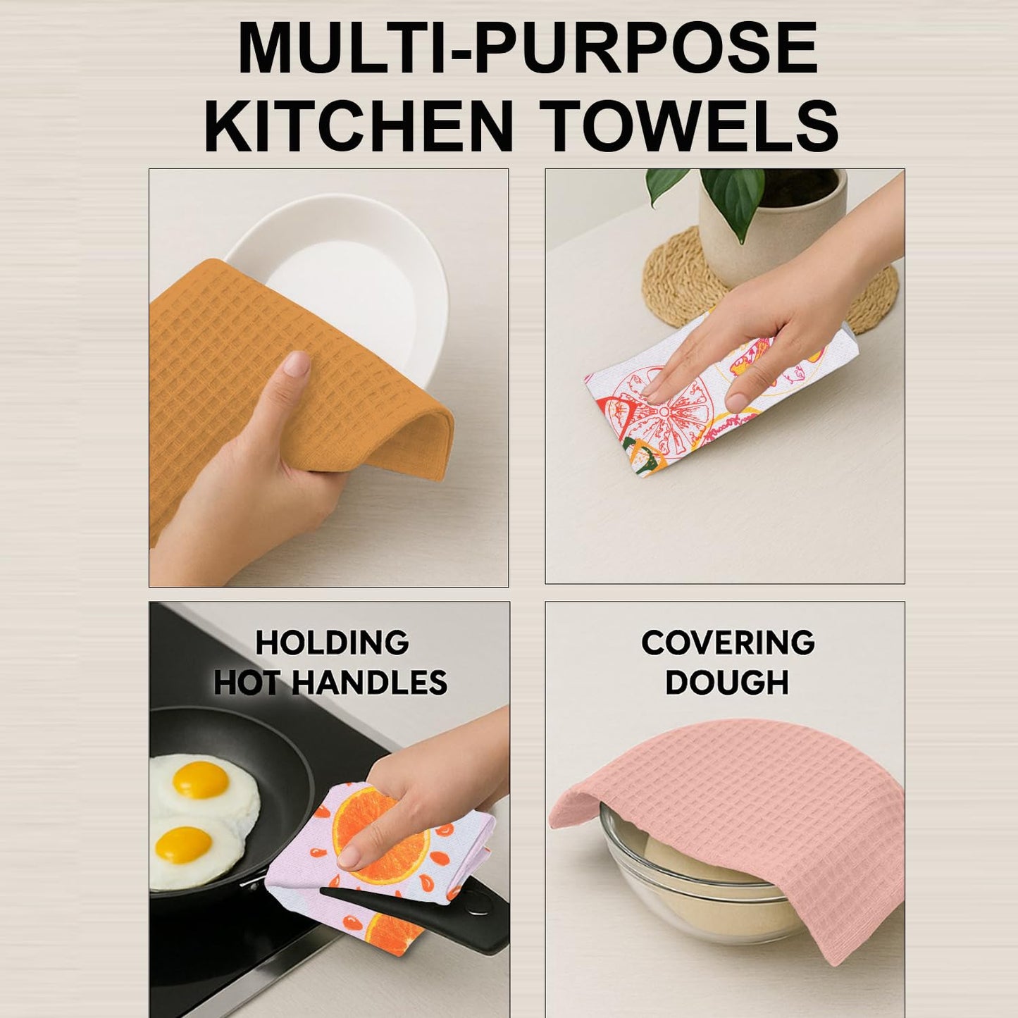 IXORA DECOR 100% Cotton Kitchen Towels Set of 4 | 2 Solid Dyed Waffle Weave Dishcloths & Citrus Digital Kitchen & Table Linen Cloth | Super Absorbent Napkins | 50 x 70 Inches - Pastels