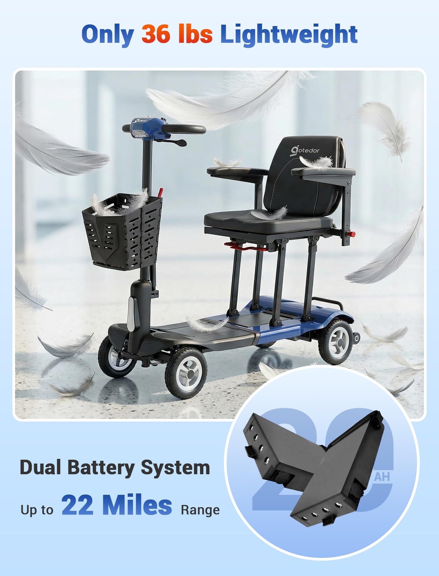 Aotedor Ultra Lightweight Mobility Scooter for Adults, 36 lbs Foldable Electric Scooter with Dual Lithium Batteries, 22 Miles Range Portable Travel Scooter for Seniors, Airline Compliant