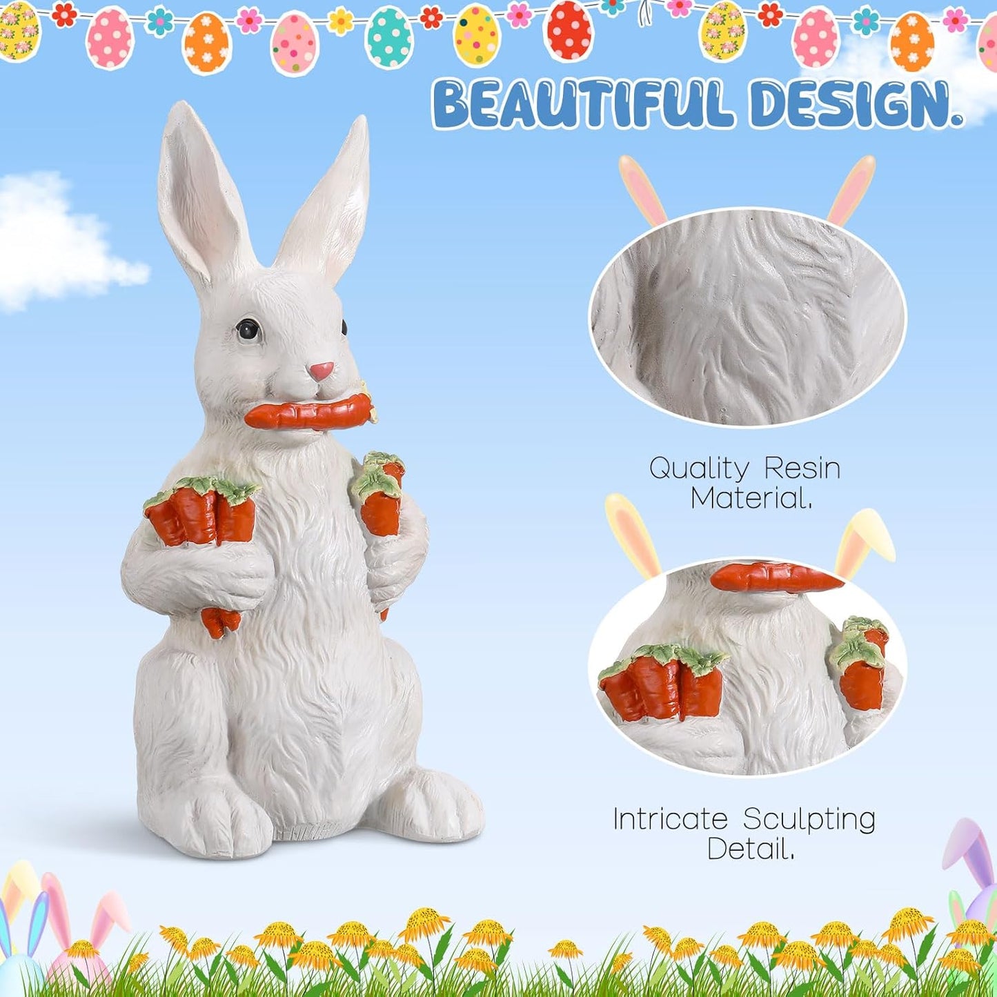 Yookeer Bunny Sculpture - 13 Inch Spring Resin Rabbit Figurine with Carrot | Easter Home Decor