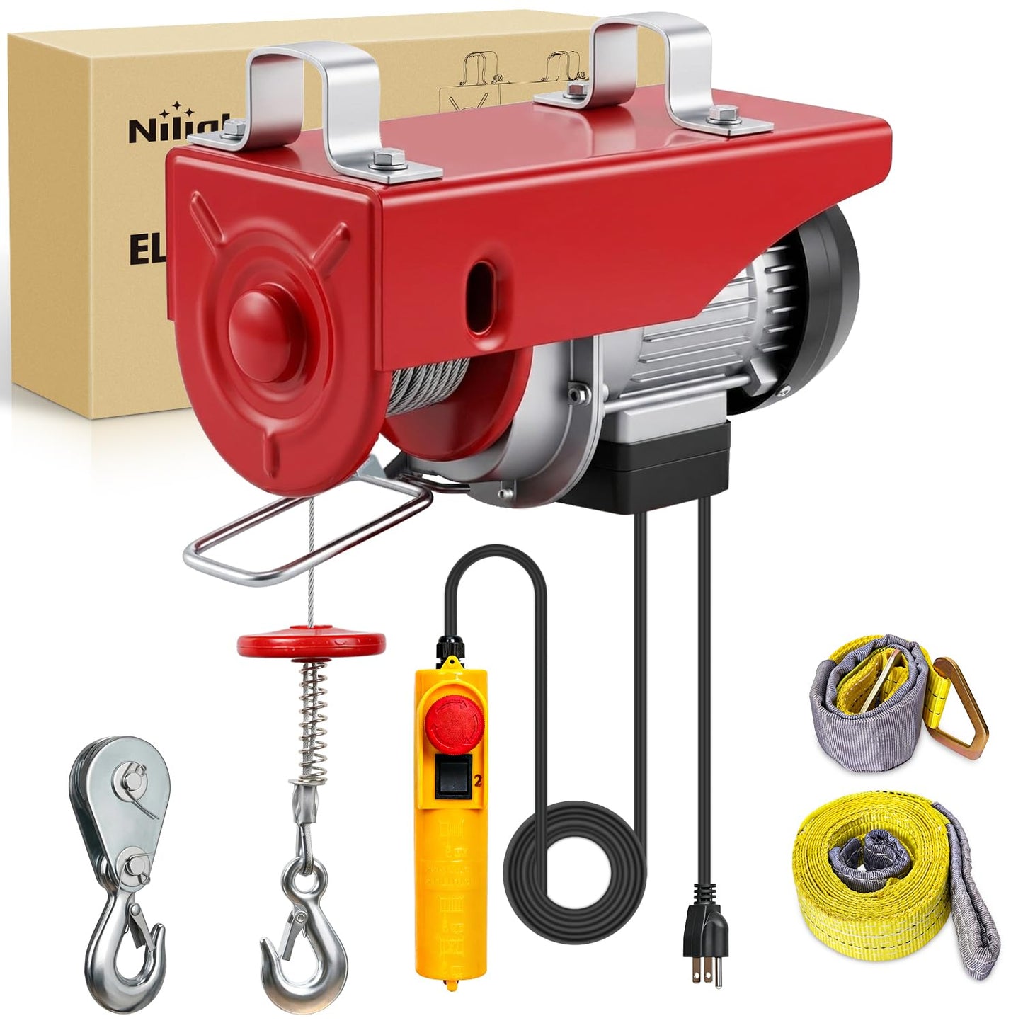Nilight Electric Hoist 110V Electric Winch with Wired Remote, 440LBS Hoist Lift Single/Double Slings 39FT Lifting Height Material Handling Tool w Emergency Stop for Garage Warehouses Factories Attic