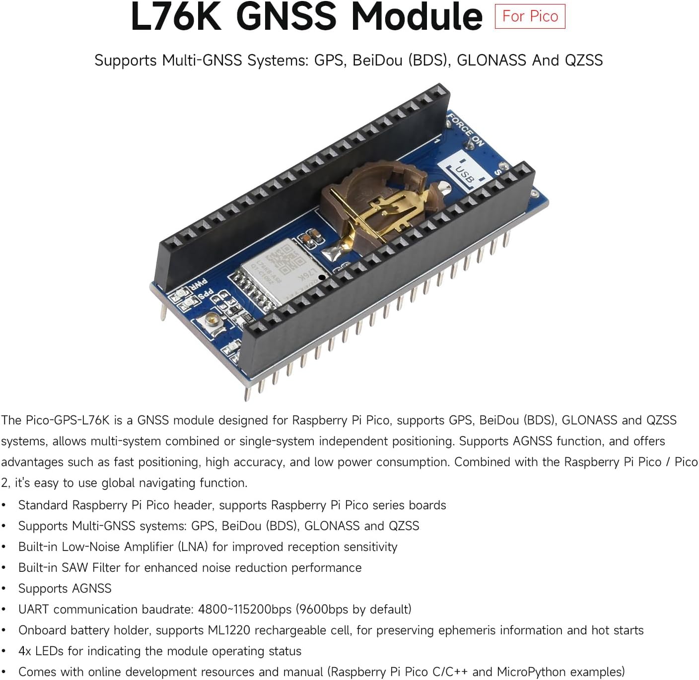 waveshare L76K GNSS Module, Compatible with Raspberry Pi Pico, Supports GPS, BeiDou (BDS), GLONASS, and QZSS, Features