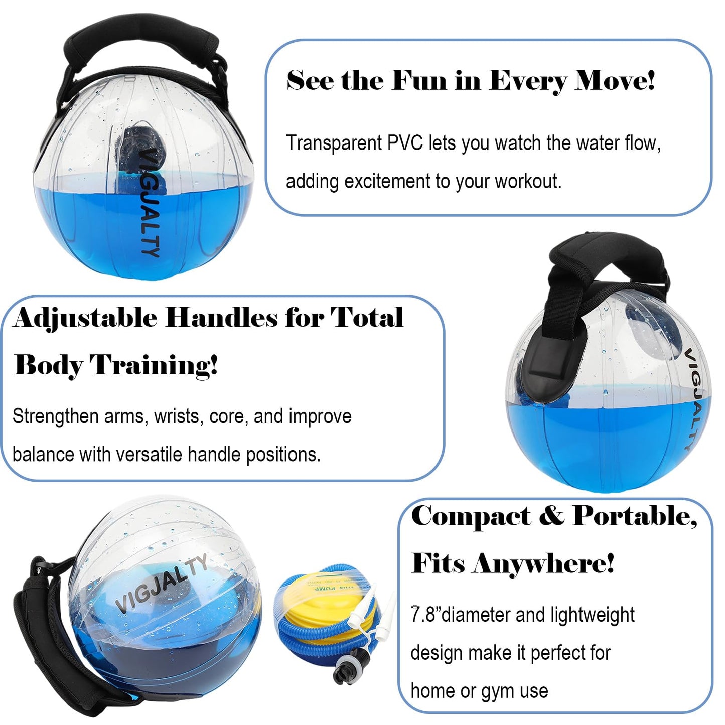 8" Aqua Ball Water Weight Bag - Adjustable Water Filled Fitness Bag, Sandbag Alternative for Home Gym, Core Balance Trainer, Portable Exercise Equipment for Arm Shoulder Full Body Workout (12Ibs)