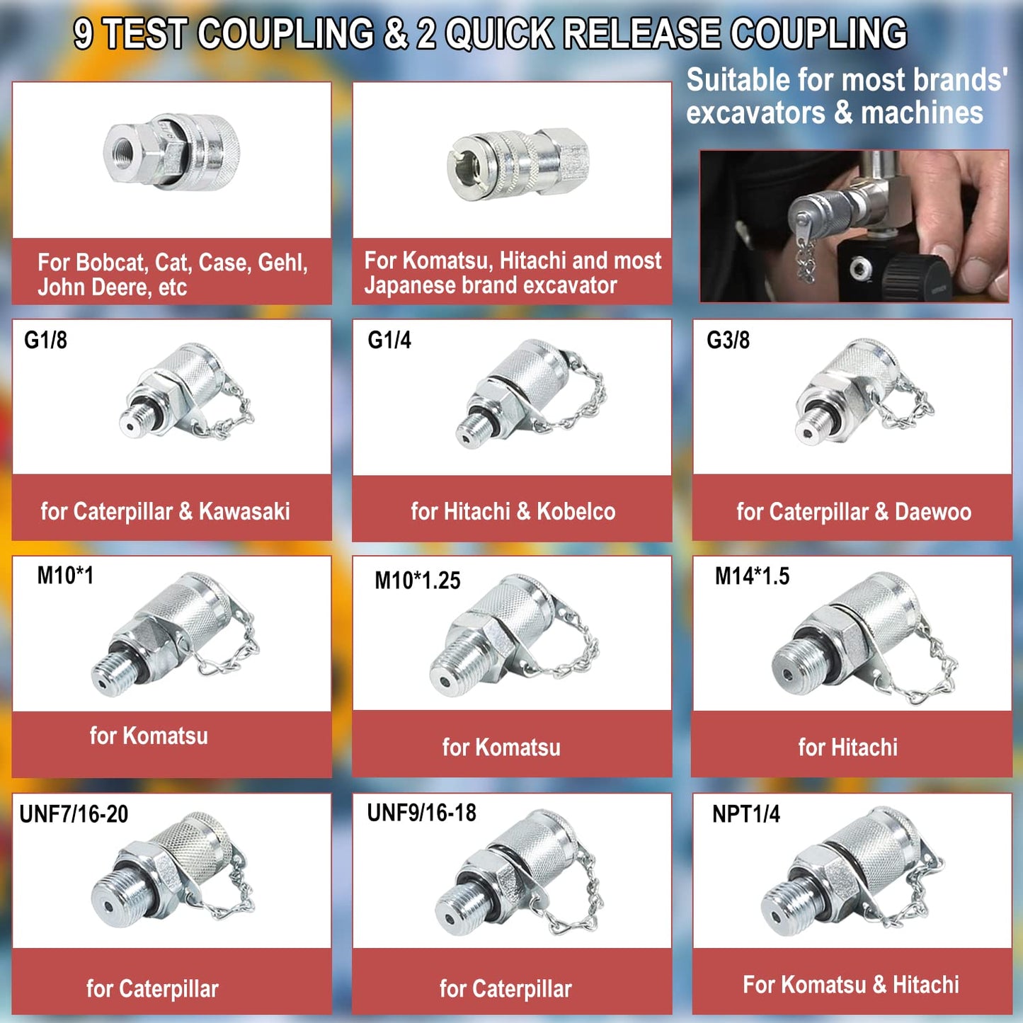 70M Hydraulic Pressure Test Checker Kit, w/ 10000PSI/70MPa Digital Pressure Gauges, 11 Couplings, 2 Test Hoses, Hydraulic Tester Coupling Kit for Excavator Construction Machinery Hydraulic Systems