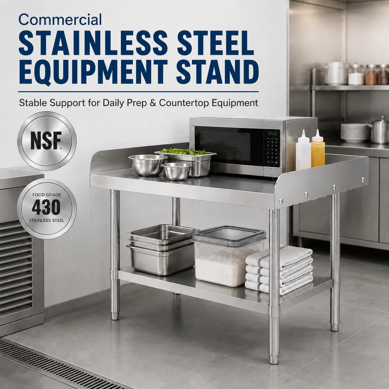 Chingoo Stainless Steel Equipment Stand, 24" x 24" x 26" NSF Work Table with 3-Sided Backsplash and Adjustable Undershelf for Commercial Restaurant, Home Kitchen, Hotel, Garage
