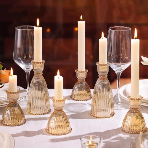 LAMORGIFT Gold Candlestick Holders Set - 4pcs 3.5" & 2pcs 6" Assorted Taper Candle Holders for Weddings & Modern Home Decor