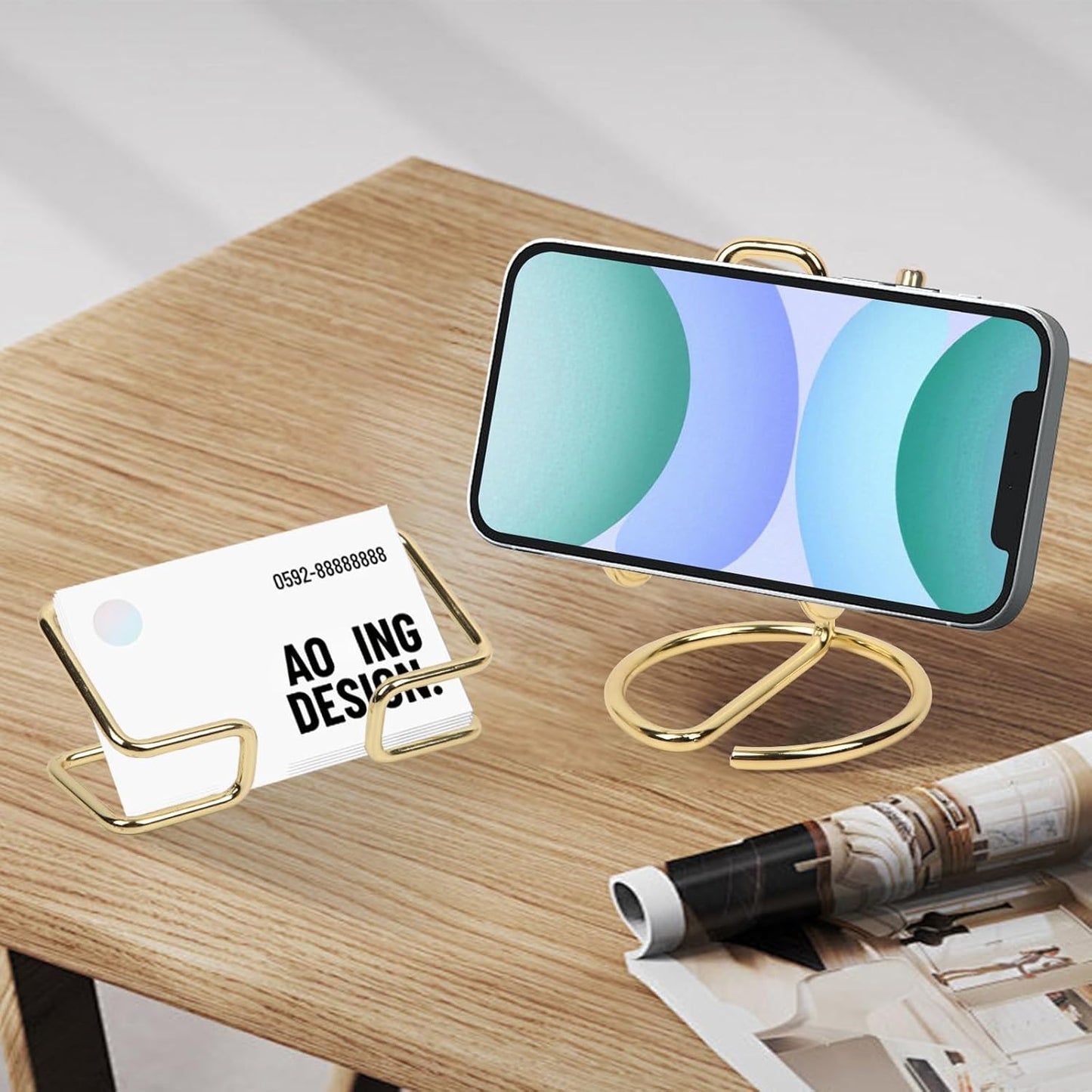 CREECHWA Gold Desk Accessories, Electroplated Metal Phone Holder and Bussiness Card Stand, Cute Office Supplies