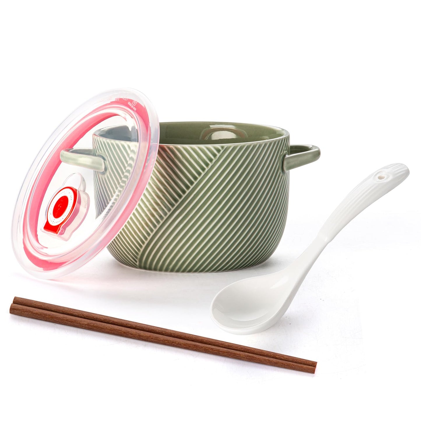 Adewnest Ramen Bowl with Lid: 32oz Ceramic Soup Bowl Set with Spoon & Chopsticks for Instant Food Noodle Office Lunch Dorm Living - Microwave Safe Portable Storage - Green