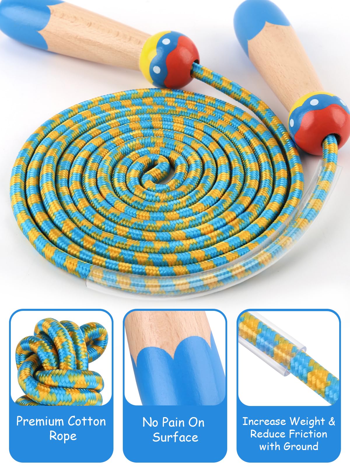Lorvain Jump Rope for Kids, 9.2FT Adjustable Cotton Skipping Rope with Wooden Handle for Girls and Boys Fitness Workout Exercise Outdoor Activity