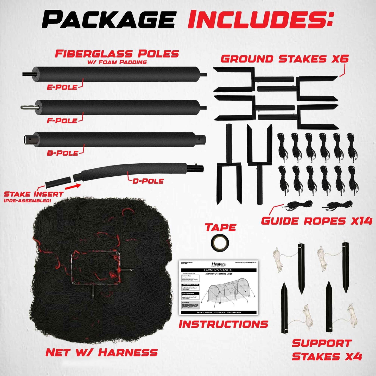 Heater Sports Xtender 30' Baseball & Softball Batting Cage Net & Frame (Machine NOT Included) - Durable Fiberglass Frame and Polyester Netting | Ideal for Batting Training for Kids, Teens, & Adults