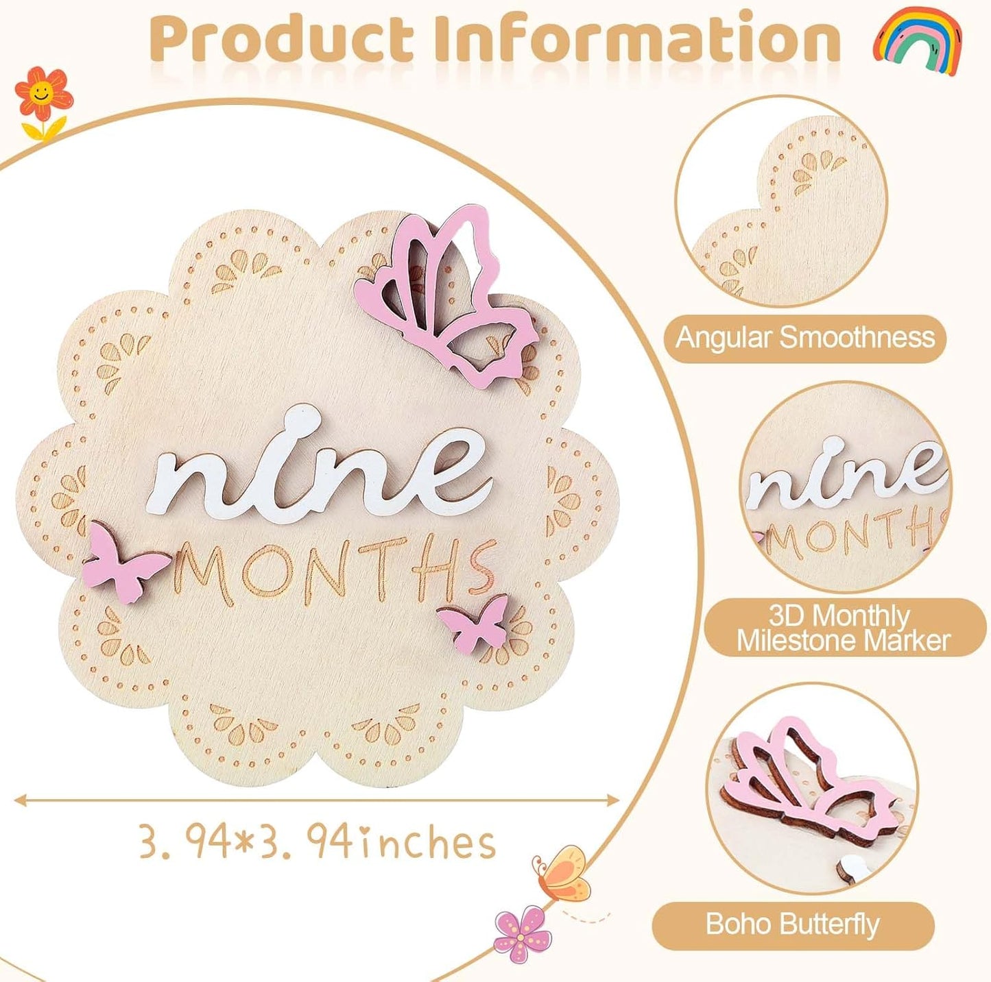 12 3D 1-12 Pcs Butterfly Wooden Baby Girl Monthly Milestone Cards Sign Months Milestone Marker Discs Newborn