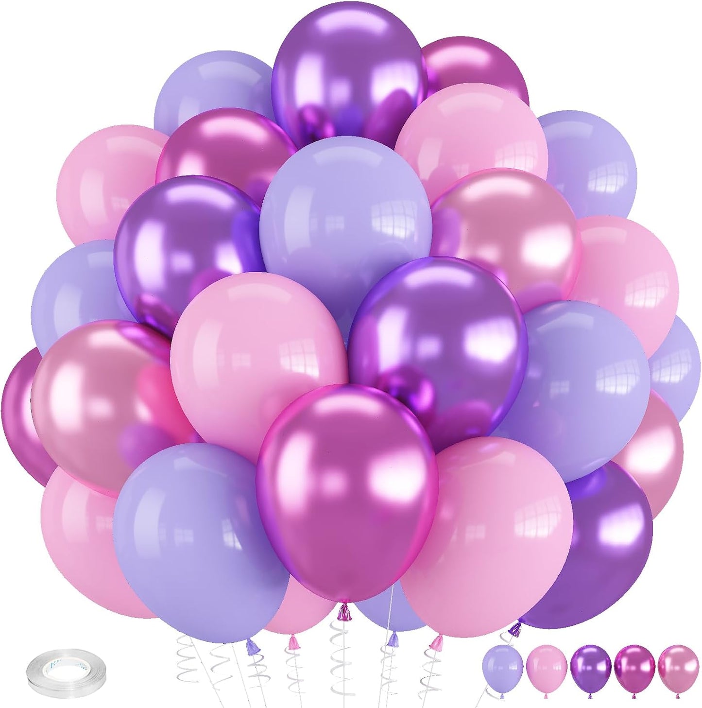 Skiennix 60 PCS Metallic Pink & Purple Balloons - 12 Inch Latex for Girls' Birthday & Baby Shower Decor