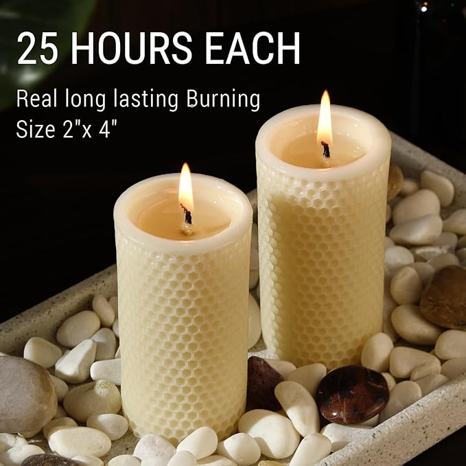 Honeycomb Natural Beeswax Pillar Candles - Pack of 2-100% Pure Beeswax Candles No Scent- for Emergency/Prayer/Relax (2inch Diameter, 4 inch Tall - Off White)