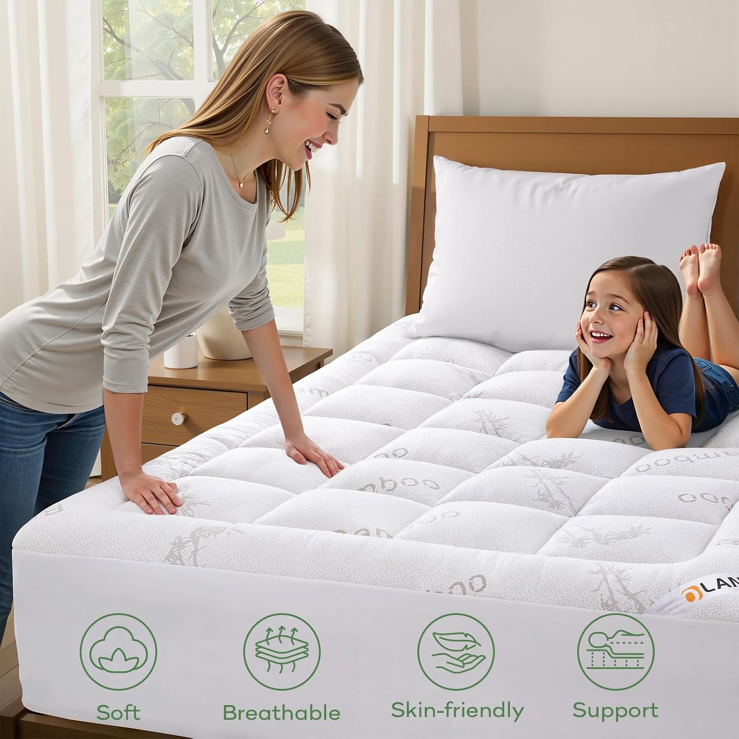 OLANLY Queen Mattress Topper - Cooling Bamboo Viscose Pillow Top for Back Pain Relief | Plush White Deep Pocket