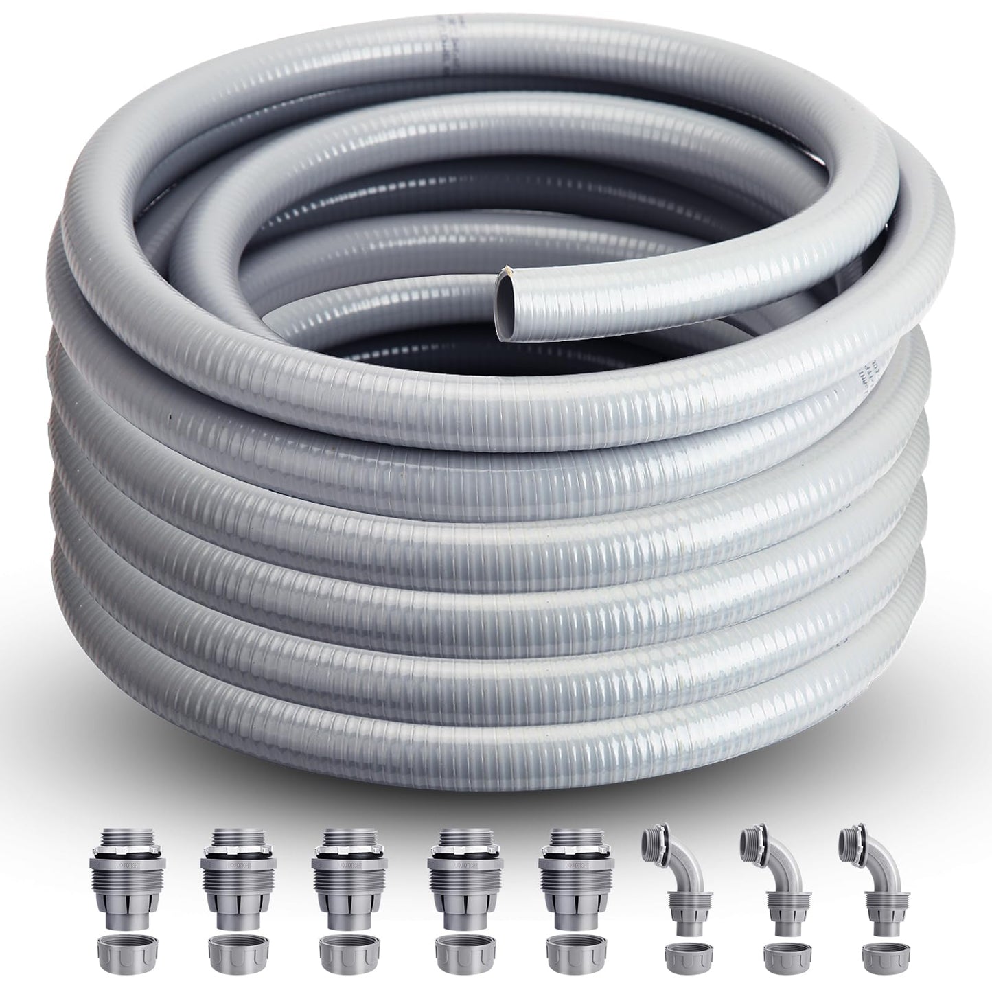 AISIMEE Liquid Tight Conduit 1inch 100FT,Flexible Non-Metallic Liquid Tight Flex Electrical Conduit and Connector Kit with 5 Straight and 3 90-Degree Conduit Connector Fittings