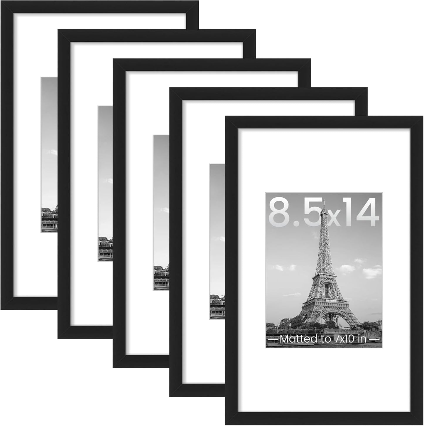 Upsimples 8.5x14 Picture Frame Set of 5 - Display 7x10 Photos with Mat or 8.5x14 Without | Black Wall Gallery Frames