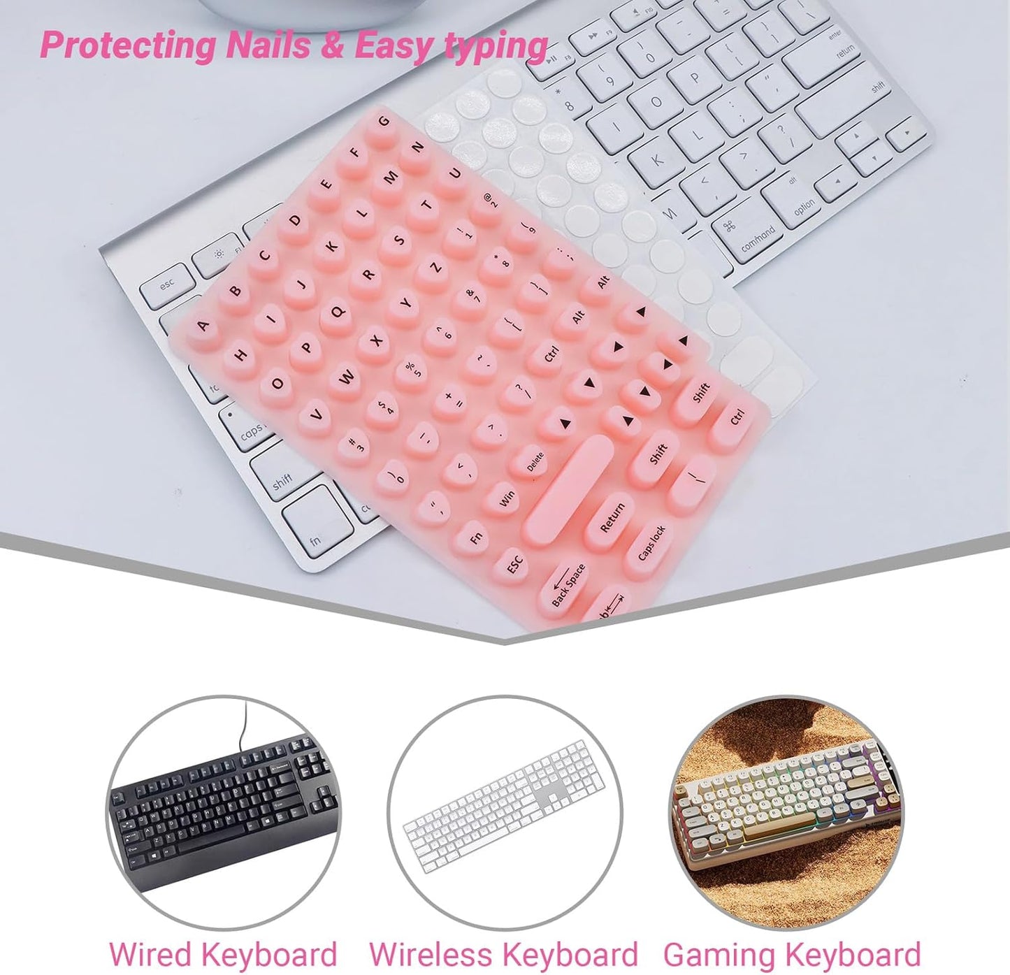 WANTHER (70 Raised Keyboard Stickers for Long Nails with Letters - Heart-Shaped Antistatic Silicone Protective Cover
