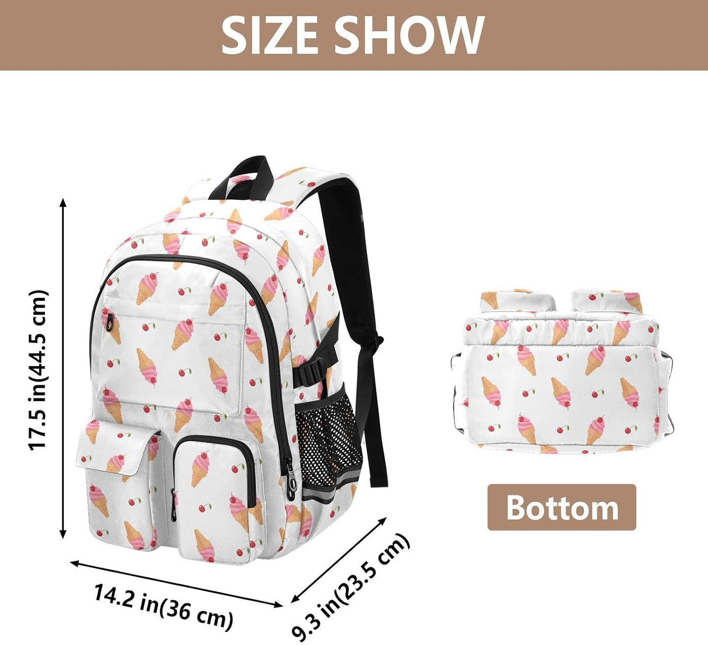 Msyxl Backpack 14" 30L Ice Cream Cones School with Laptop Compartments and Reflective Straps, Fits Laptop, Capacity