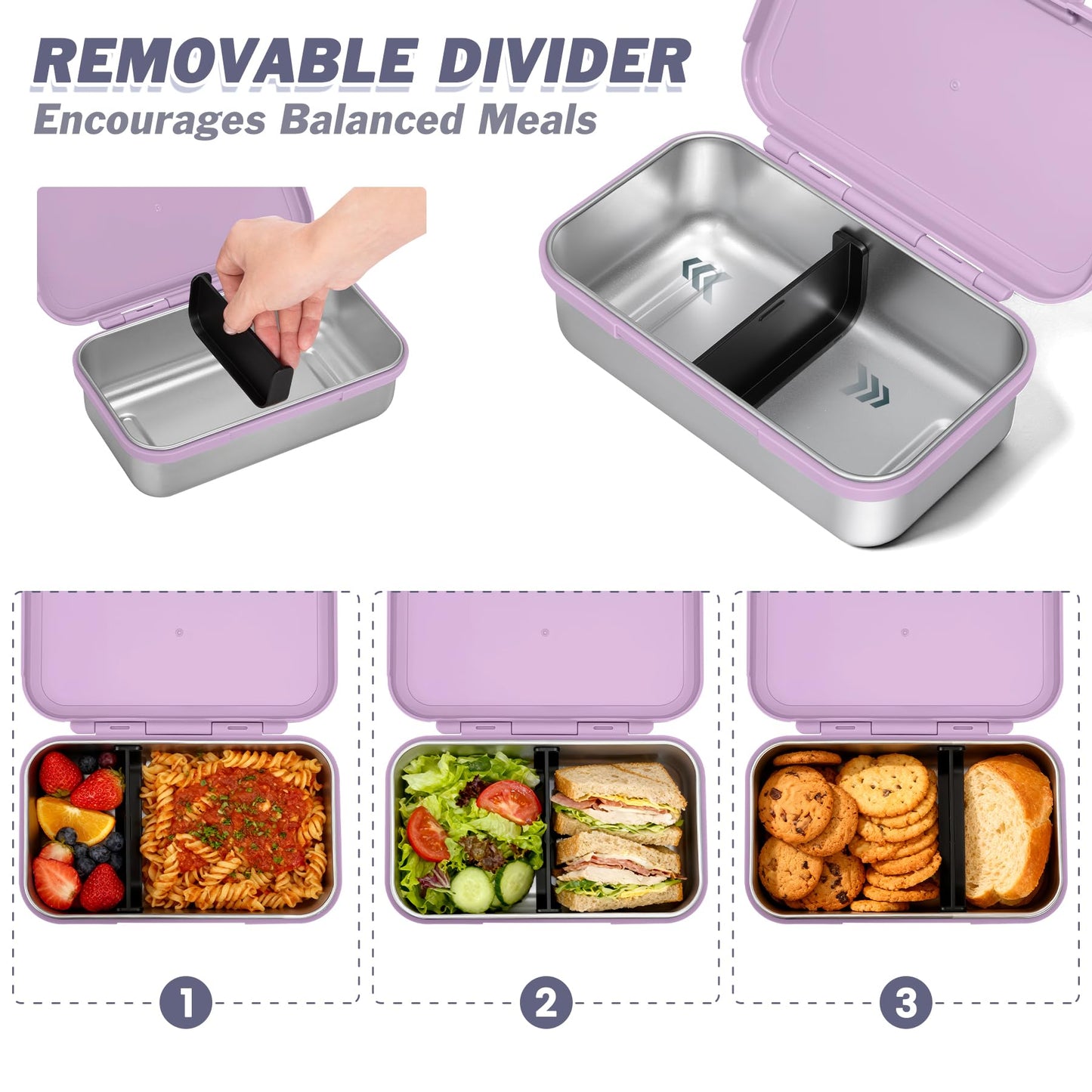 Reeple Stainless Steel Lunch Box, Leak-Proof Metal Bento Box with Adjustable Divider, Lunch Container for School Office Picnics & Travel, Microwave-Safe, Purple