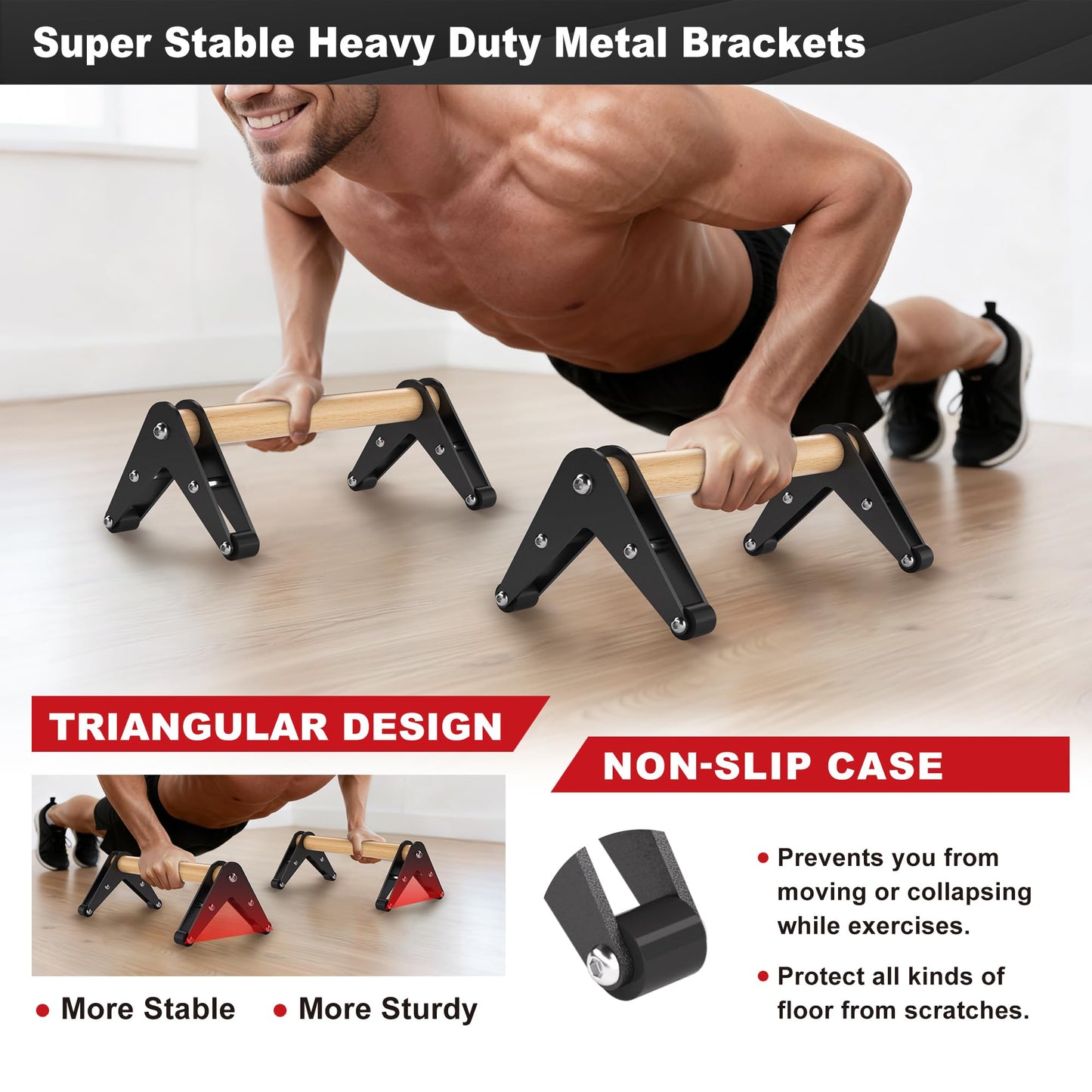 Mochantum Parallettes Bars - Wooden Push Up Bars with Non-Slip Heavy-Duty Stainless Steel Base, 660LB Capacity, Portable Calisthenics Equipment for Calisthenics, Handstand ,Strength Training & Home Gym Workouts, Black, 12.7 inch