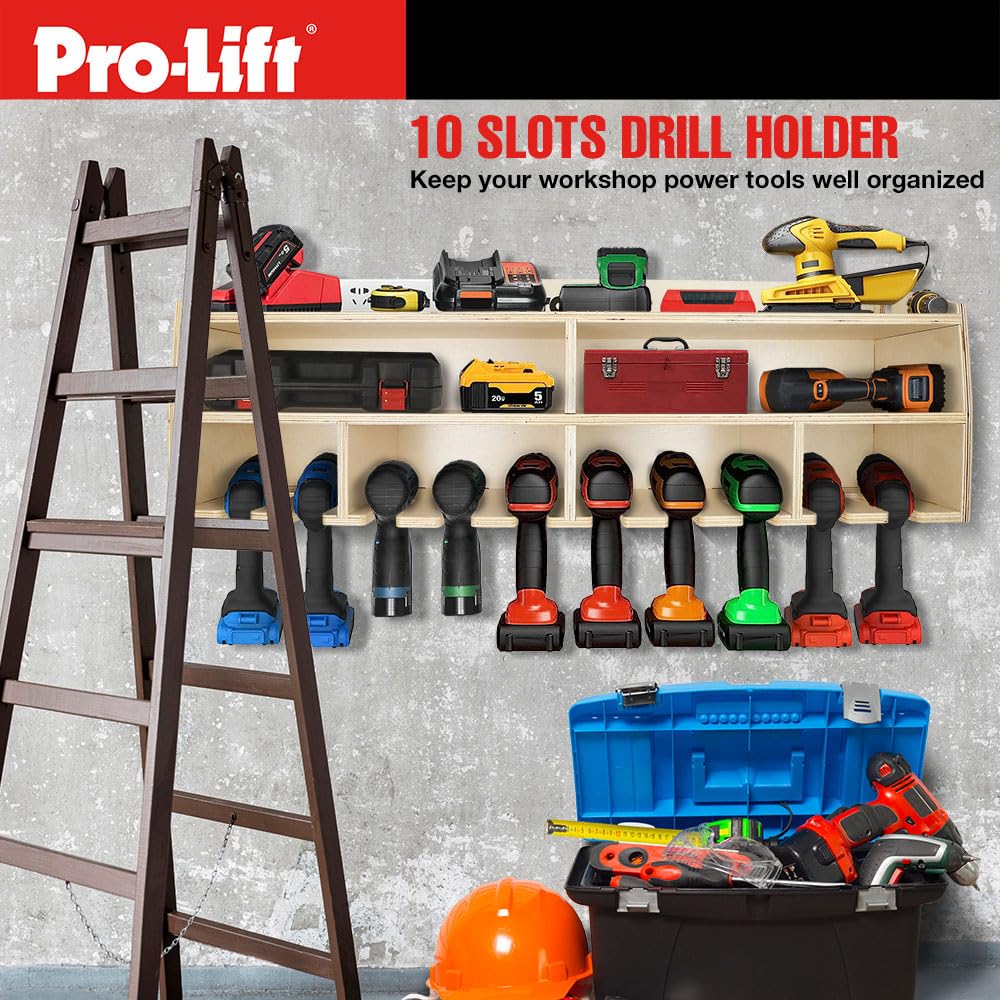 Pro Lift Cordless Drill Organizer – wall mount power tool storage rack, 10 hanging slots, wooden M-005W