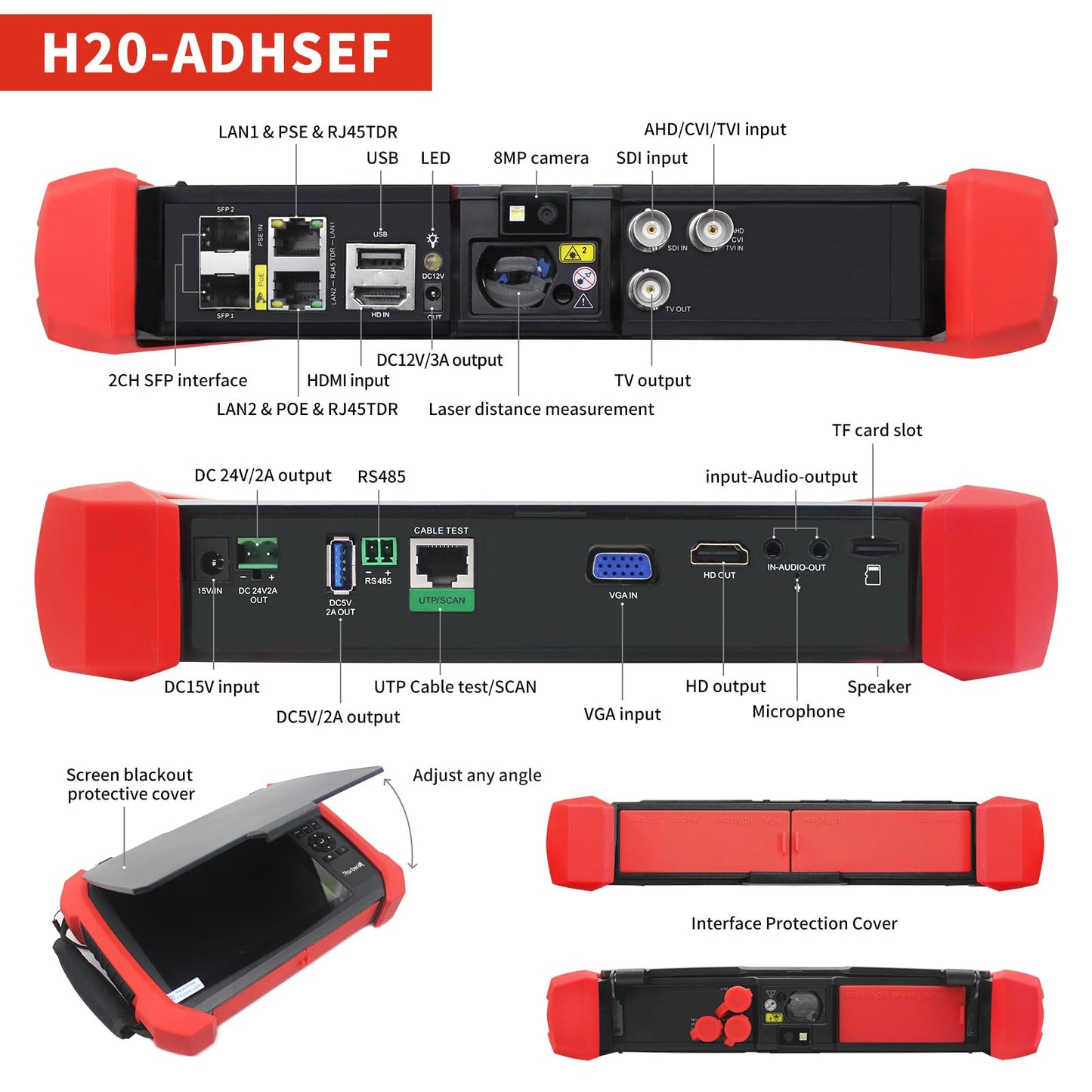 Rsrteng CCTV Tester 8K 32MP 12MP IP Camera Test POE++ Max 90W POE Camera Tester 4K 8MP TVI/CVI/AHD/SDI/CVBS WiFi Network Tools Cable Test Distance Meter 2CH SFP Port HD VGA DC Power Output