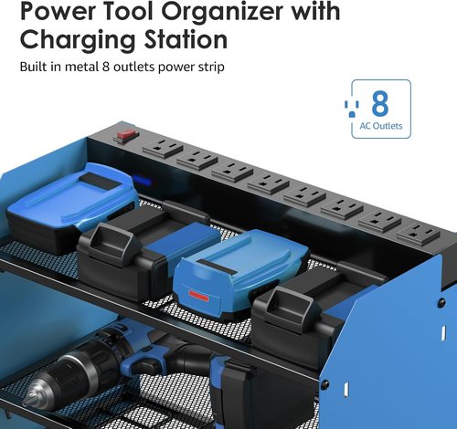 CCCEI Modular Power Tool Organizer - Wall Mount Charging Station with Hooks & 8 Outlet Battery Holder - Blue, 1 Pack