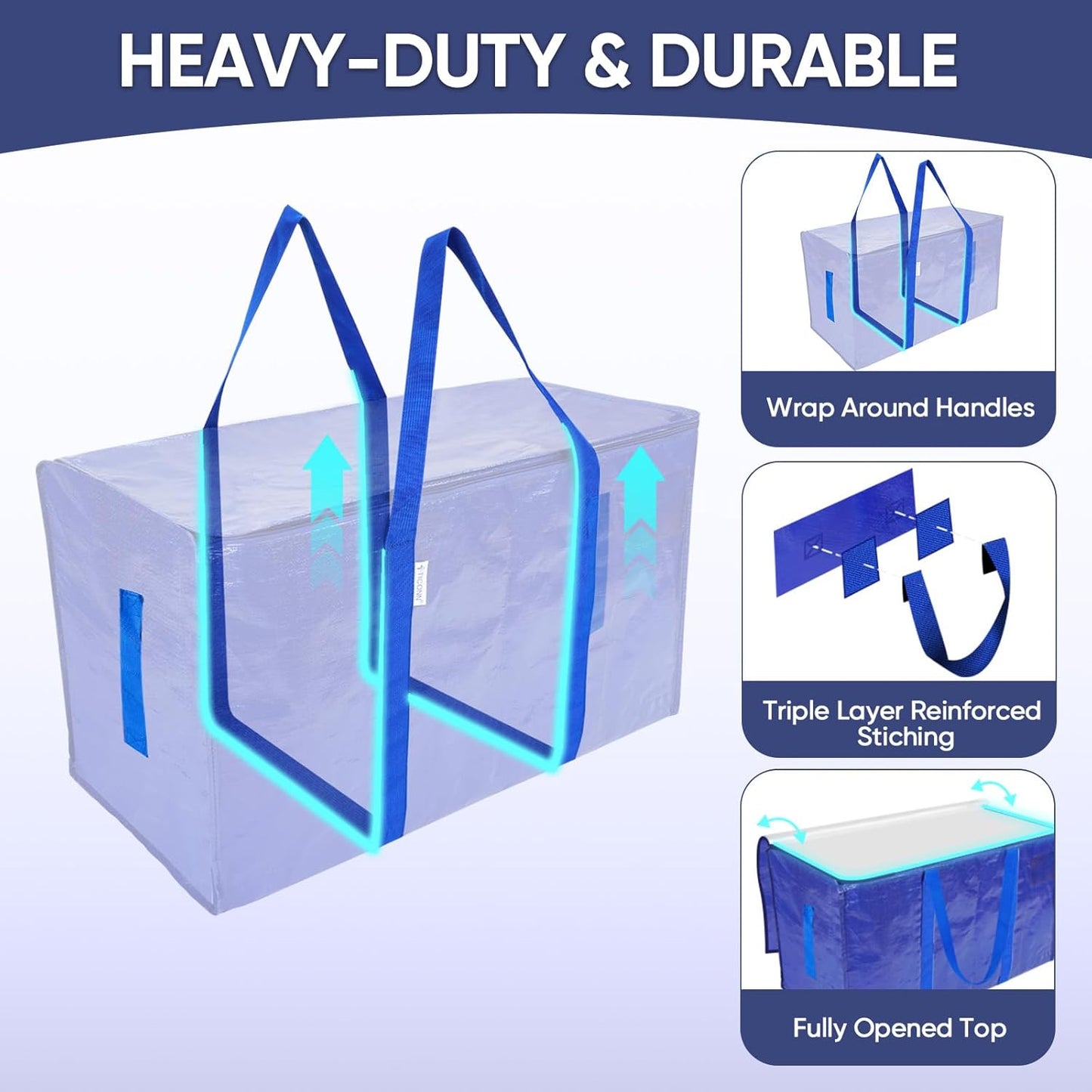 TICONN Extra Large Moving Bags - Heavy Duty Storage with Zippers & Handles | 6 Pack, Blue