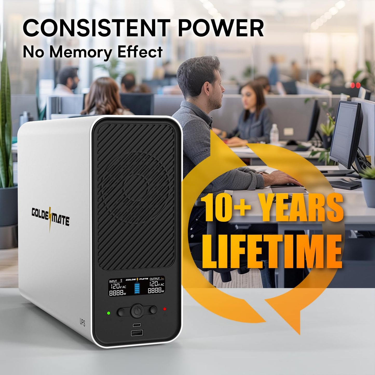 GOLDENMATE 1500VA/1000W Lithium UPS Battery Backup and Surge Protector, 230Wh LiFePO4 Battery Backup, Sinewave UPS with USB Communication Port, 8 Outlets & 2 USB Ports, LCD Display, White